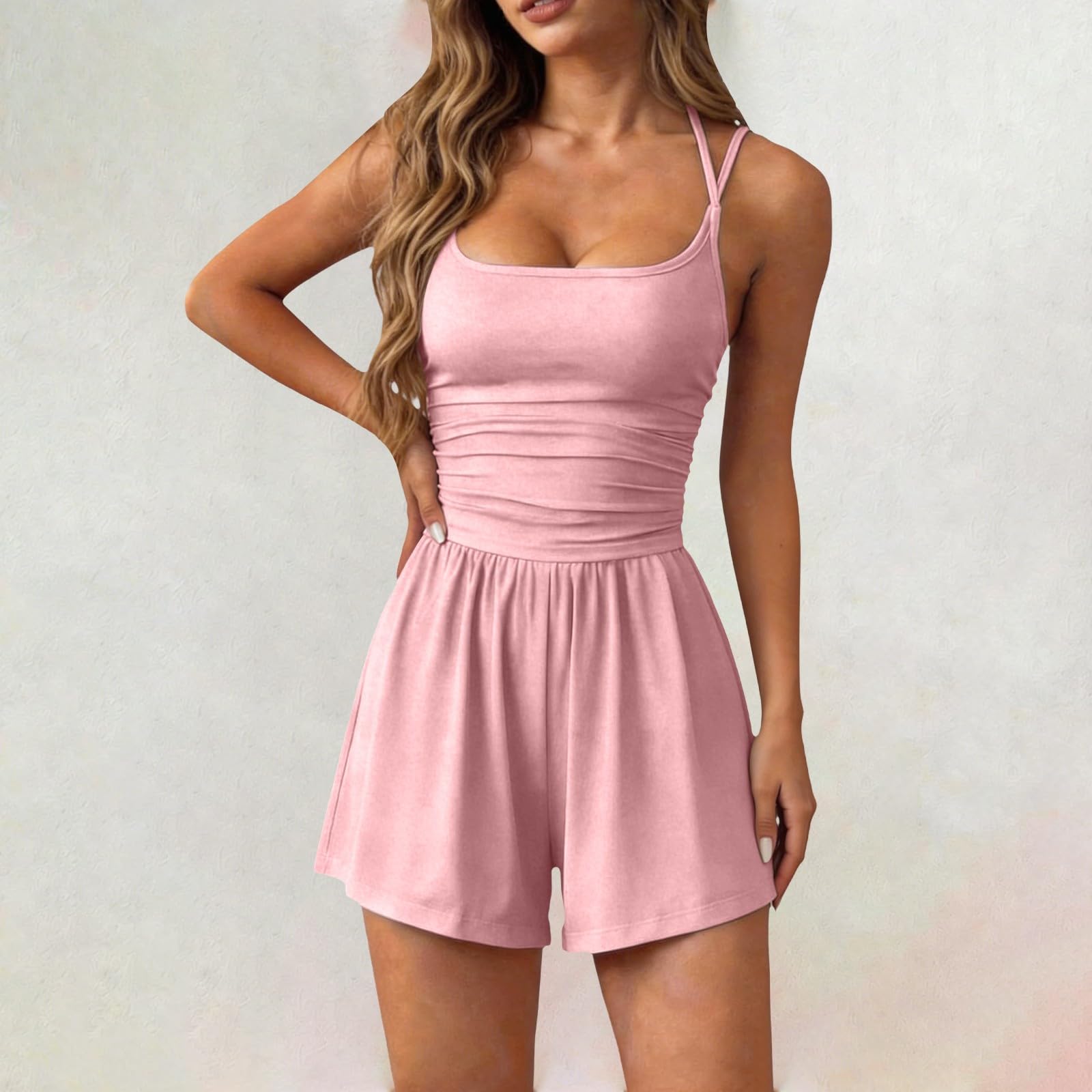 Tuta corta estiva da donna, senza maniche, a gamba larga, elegante | Salopette monopezzo, scollo a U, spalline sottili, schiena scoperta, tinta unita, sexy, per allenamento