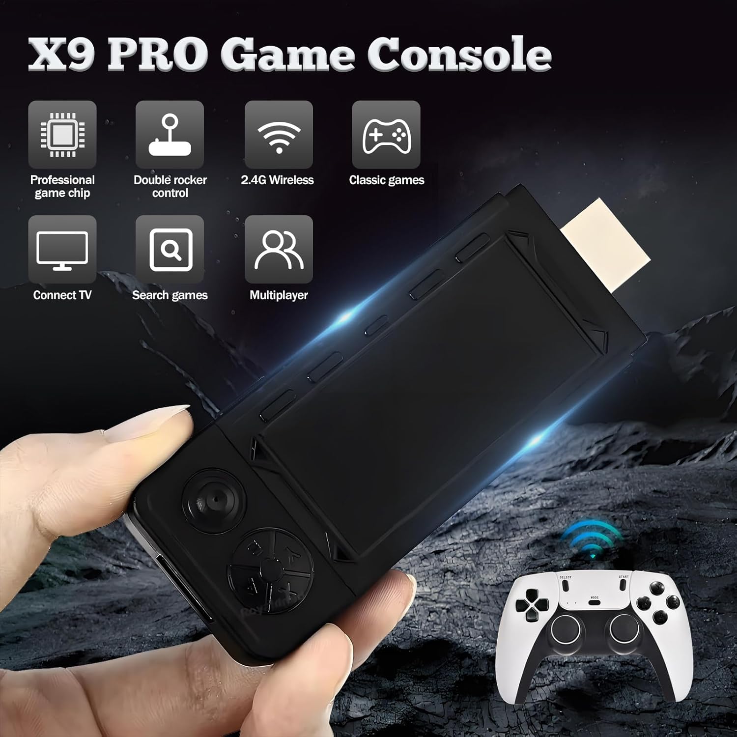 The X9 Pro Game Console stick with icons representing its features: professional game chip, double rocker control, 2.4G wireless, classic games, connect to TV, search games, and multiplayer support.