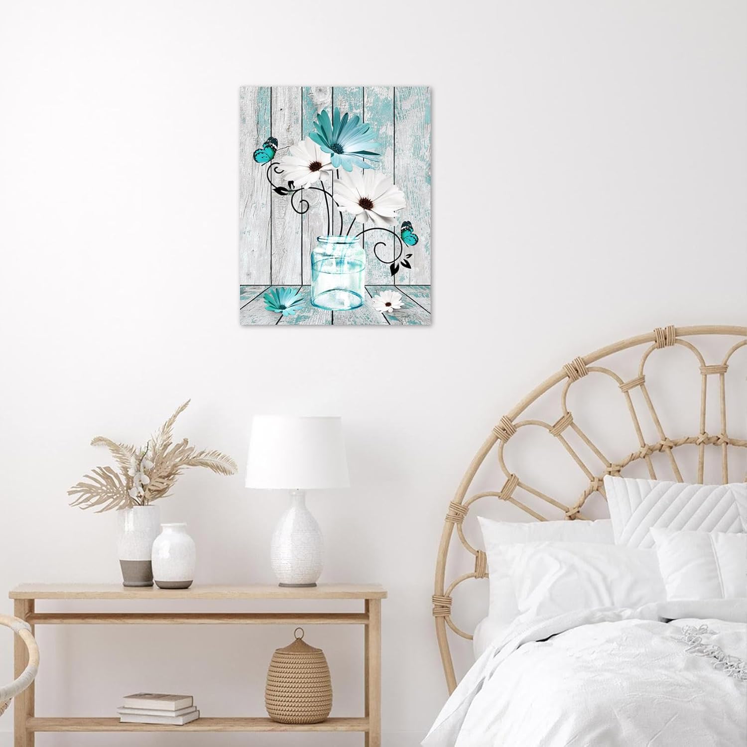 MEUNEAR Teal Blue and White Flower Wall Art for Living Room Daisy in Vase and Butterfly on Rustic Wood Paintings Wall Decor Floral Plant Canvas Wall Art for Bedroom Bathroom Decor,24L X 16W inches