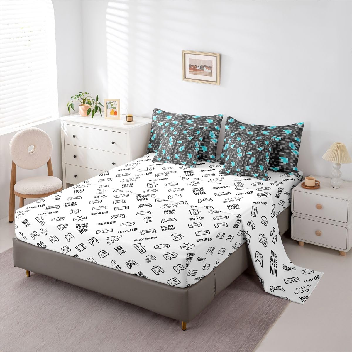 7 Pcs Miner Grid Bedding Sets Game Pixelated Miner Plaid Comforter Set Grey Blue Geometric Patchwork Grid Bed in a Bag with Comforter,Flat Sheet,Fitted Sheet,2 Pillowcases,2 Pillow Covers,Queen Size