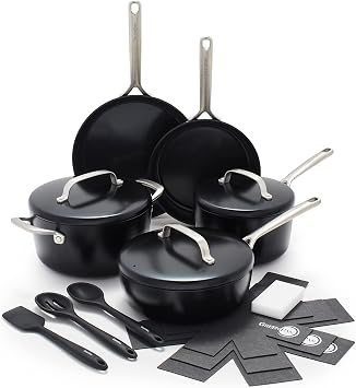 GreenPan GP5 Hard Anodized Healthy Ceramic Nonstick 14 Piece Cookware Pots & Pans Set, Heavy Gauge Scratch Resistant, Stay-Flat-Surface, Induction, Oven Safe, PFAS-Free, Black