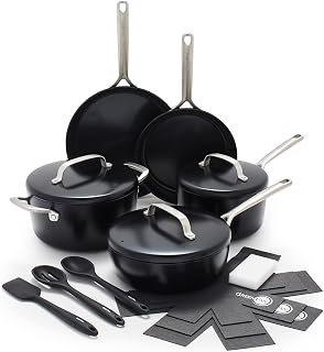 GreenPan GP5 Hard Anodized Healthy Ceramic Nonstick 14 Piece Cookware Pots & Pans Set, Heavy Gauge Scratch Resistant, Stay-Flat-Surface, Induction, Oven Safe, PFAS-Free, Black