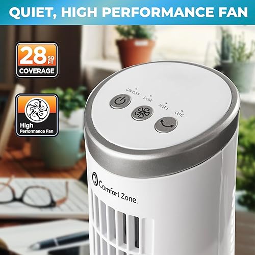 Miniatura 6 de Comfort Zone Ventilador oscilante de dormitorio de 12 pulgadas, ventilador de torre de escritorio con interruptores táctiles electrónicos, diseño