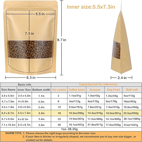 Miniatura 2 de Blisstime Stand Up Pouches, 50 Pack Kraft Paper Bags with Matte Window and Tear Notch Resealable Bags for Small Business Home Use (6.3 X 8.7 Inches)