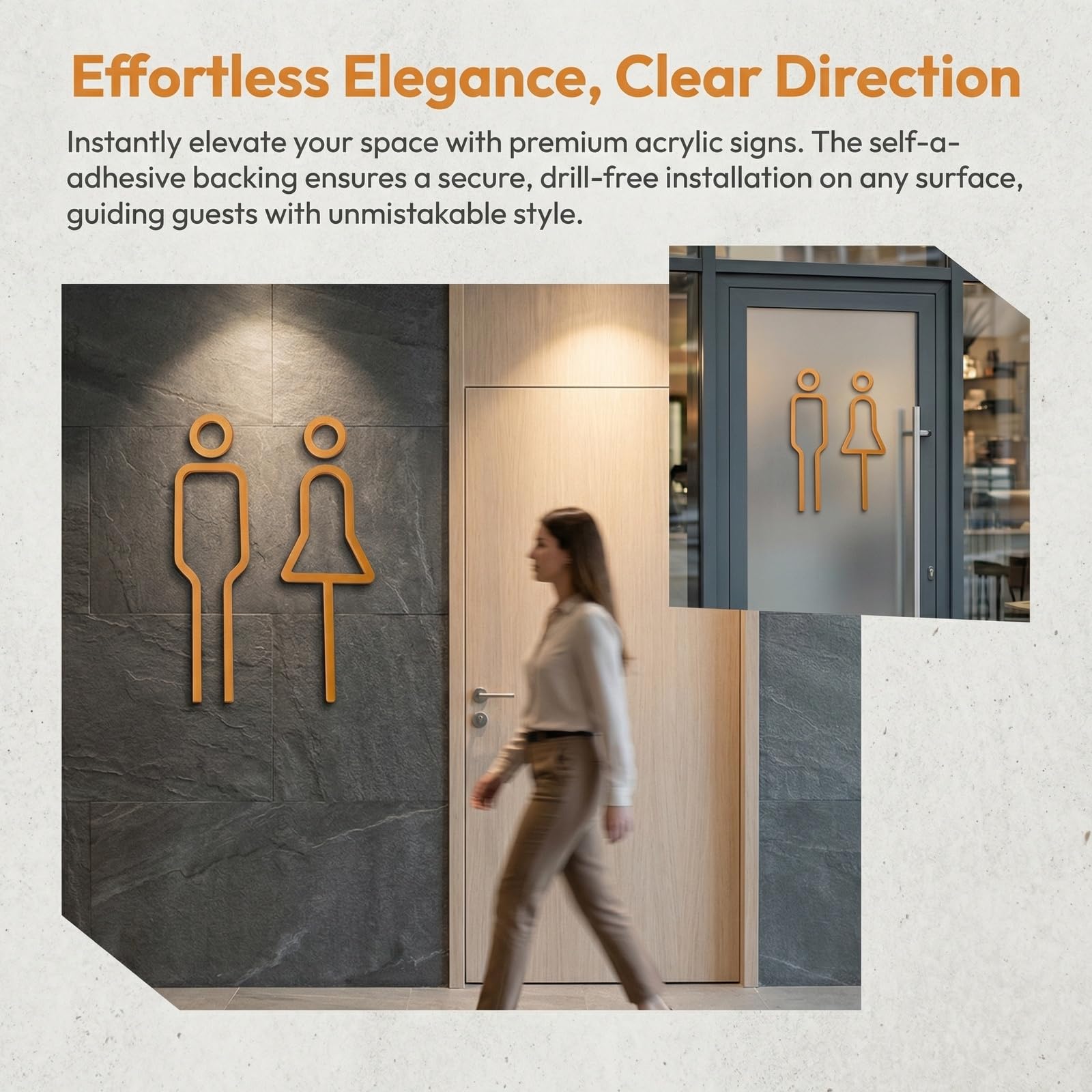 Nivofu Carteles de Baño Adhesivos Dorados, Señalización WC Hombre y Mujer en Acrílico Premium, Placa para Puerta de Aseo, Diseño Moderno para Oficina, Hotel y Restaurante, Fácil Instalación