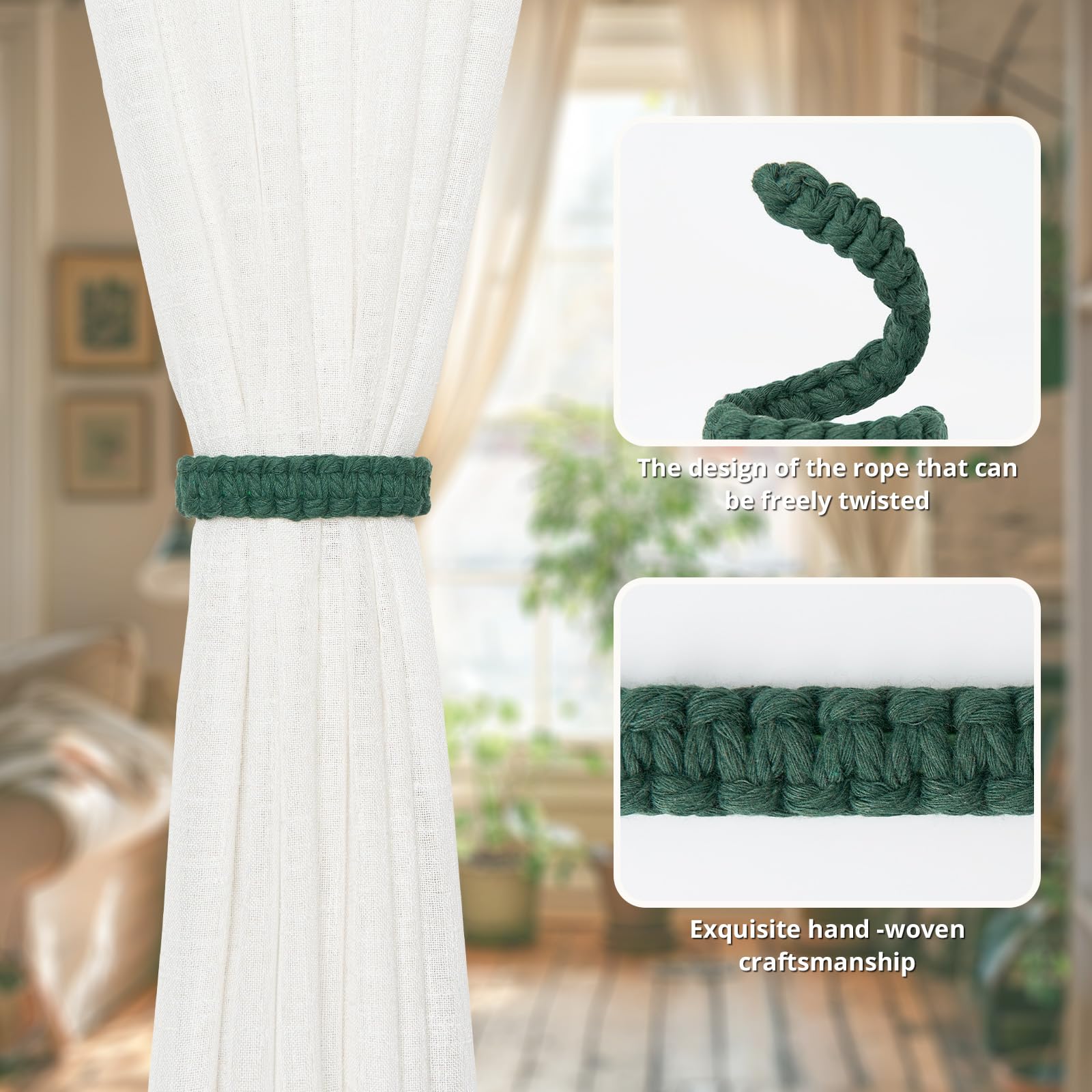 Pretty Jolly 4 Pack Natural Cotton Rope Curtain Tiebacks Farmhouse Rustic Style Decorative Drape Tie Backs Handmade Braided Curtain Holdbacks for Home Sheer/Light Weight Drapery (C-Dark Green-S) - Image 3