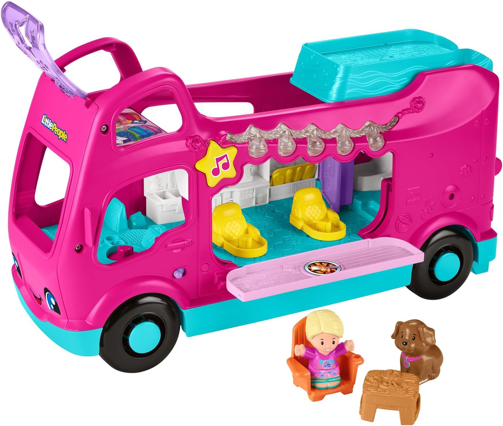 Fisher-Price Little People Toddler Toy Barbie Little Dreamcamper Motorhome Playset with Music, Lights and 2 Figures, from 18 Months, Multilingual Version, HYR86