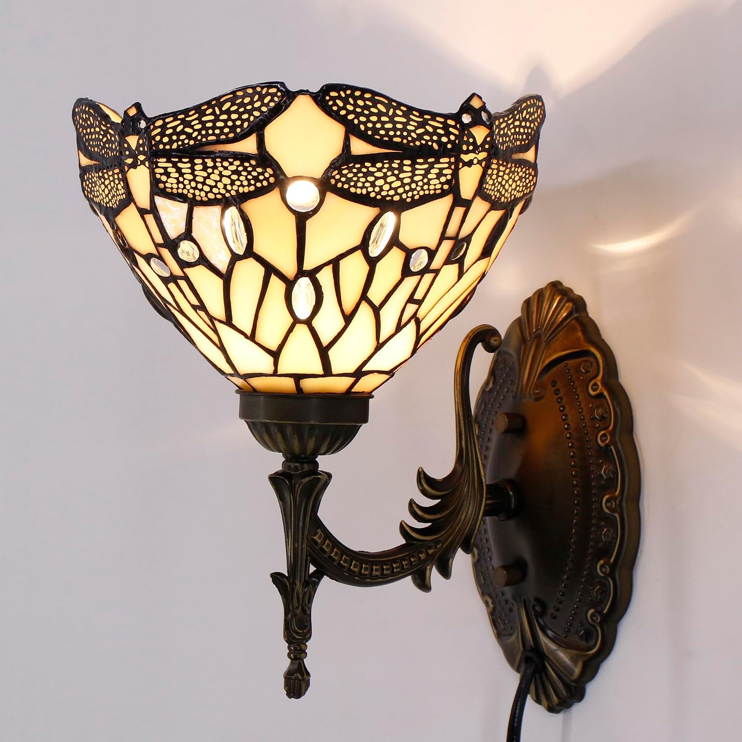 Tiffany Wall Sconce Lamp Plug in 8X10.5X11 Inch Stained Glass Wall Light Mount Fixture for Hallway Bedroom (Cream Dragonfly Style)