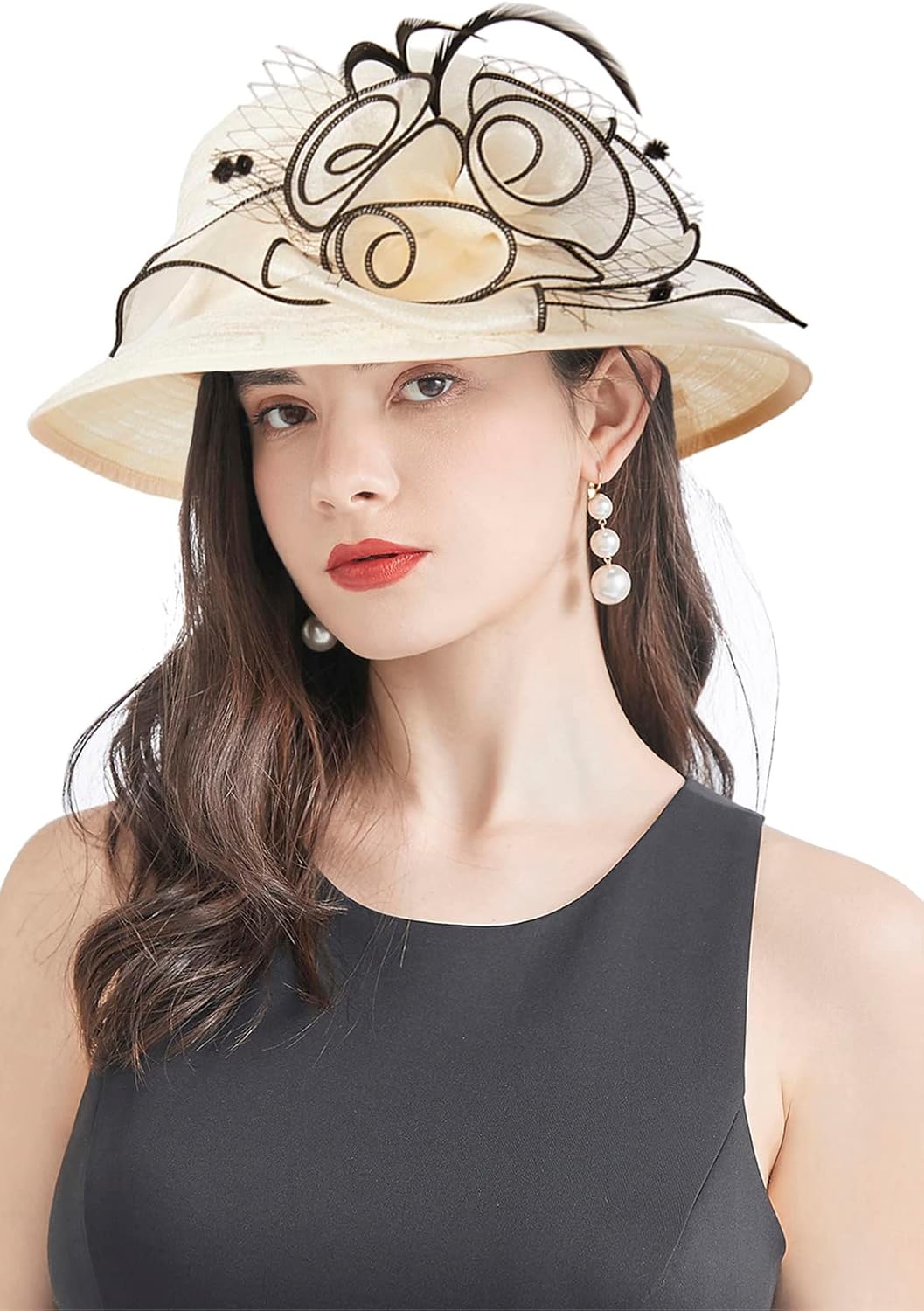 Organza Fascinator Hat - Women’s Wide Brim Church Bridal Tea Party Wedding Hat