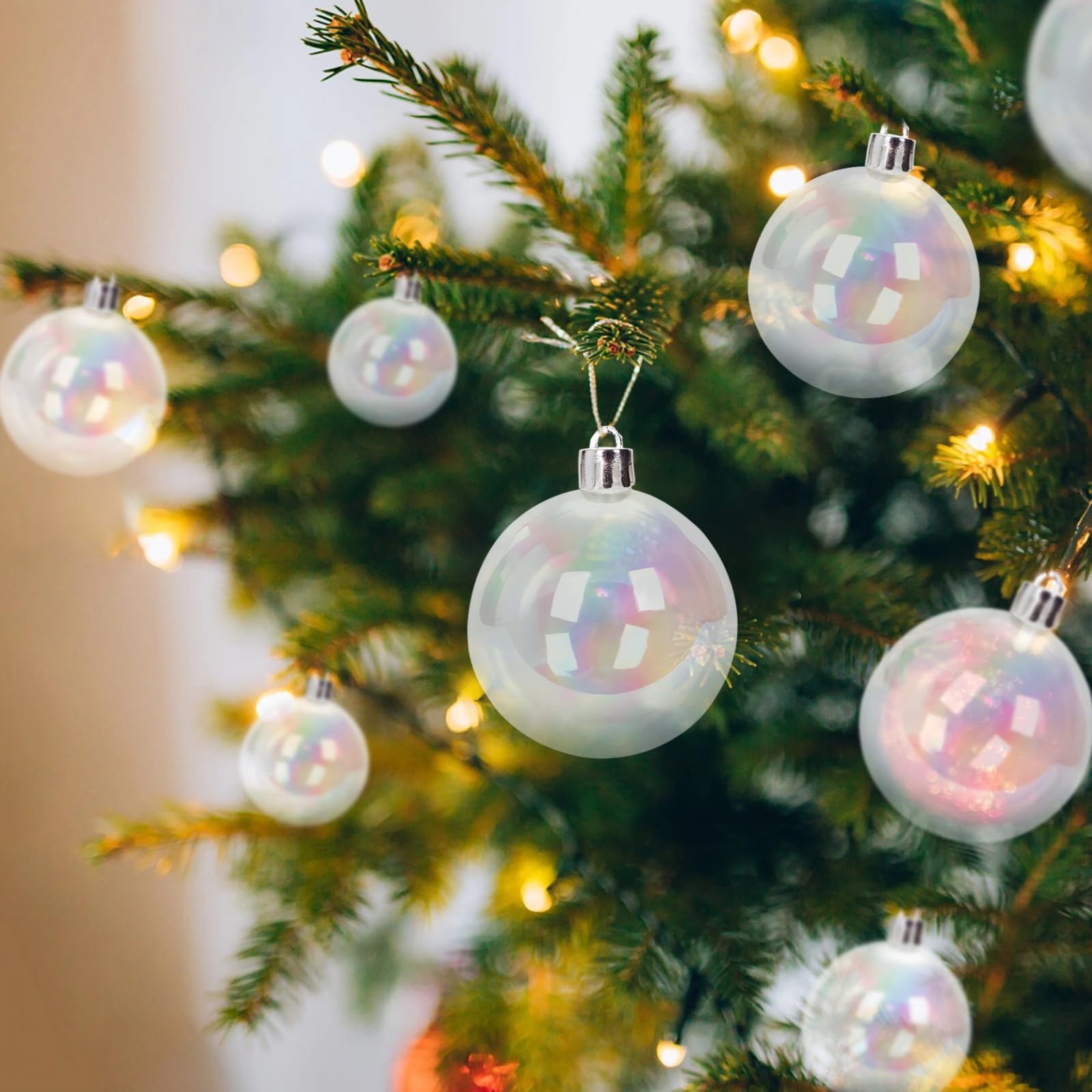 18 STK Christbaumkugeln, irisierende Ball-Ornamente aus transparentem Kunststoff in Regenbogenoptik, bruchsicher, 4 Größen, zum Aufhängen für Weihnachtsdeko