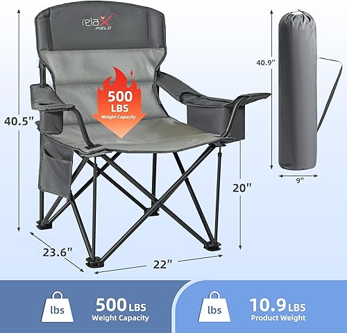 Miniatura 3 de Silla de campamento plegable de gran tamaño, soporte resistente de 500 libras, silla para exteriores con soporte para tazas y bolsa enfriadora,