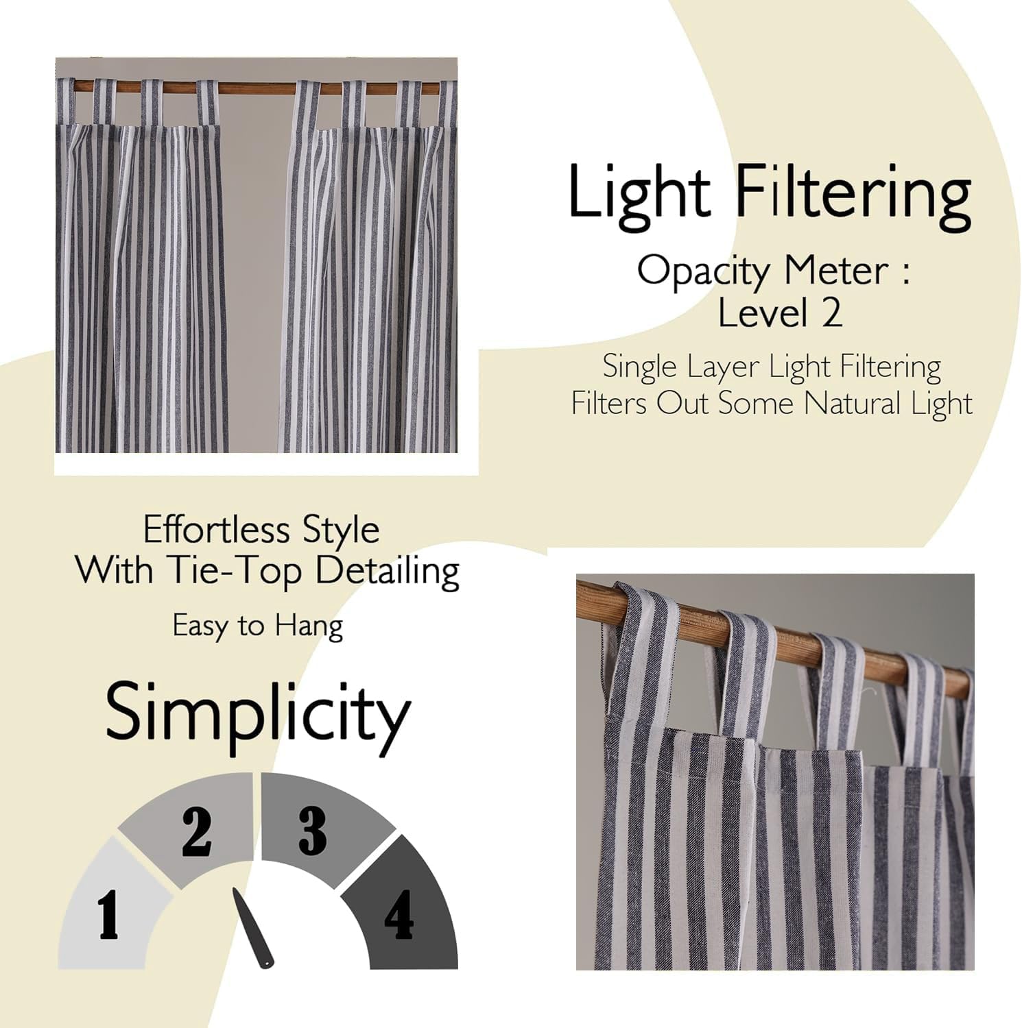 THE ART BOX Tab Top Striped Linen Curtains for Living Room & Bedroom | Easy Slide-On Rod Pocket Alternative | Light Filtering Boho Window Panels | Blue on White 63"x42" (Set of 2)