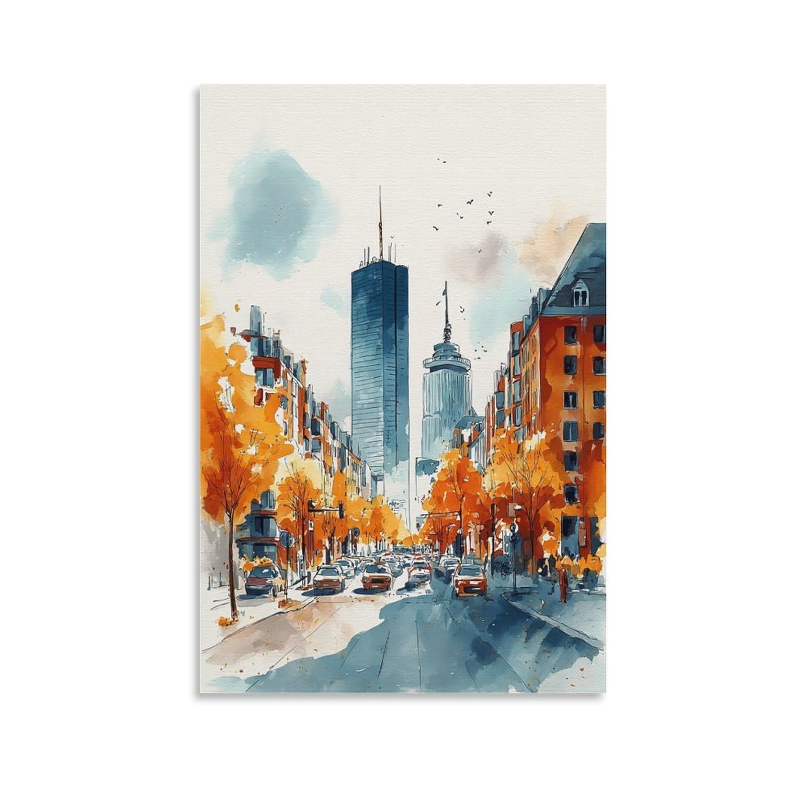 XWYMXZ Boston Watercolor Print Autumn Cityscape Posters 20x30inch(50x75cm) Vintage Watercolor Canvas Art