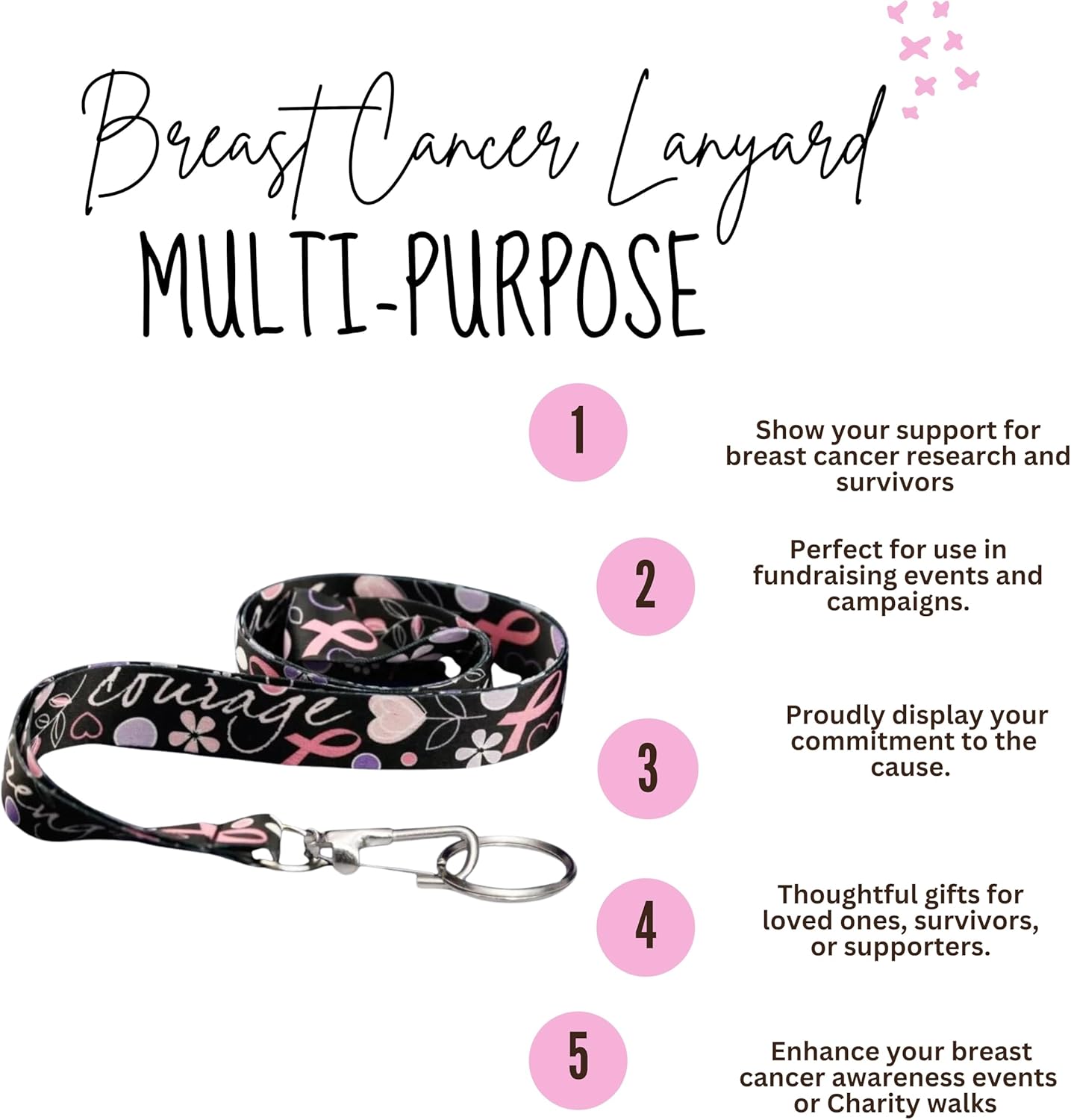 Breast Cancer Awareness Lanyards - Pink Ribbon Lanyards - Badge Holders/Keychains for Fundraising