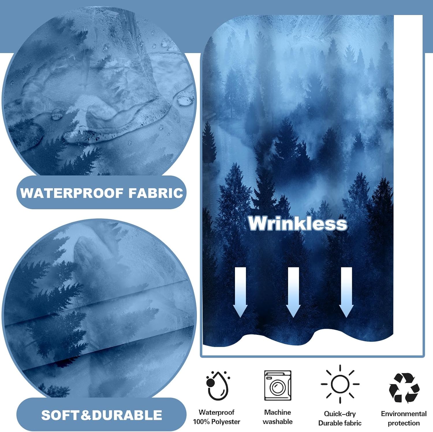 No Hook Shower Curtain with Snap in Liner Set, Blue Misty Forest Design, Waterproof Fabric Mountain Nature Shower Curtains for Bathroom with See Through Mesh Top Window 71x84 Inch