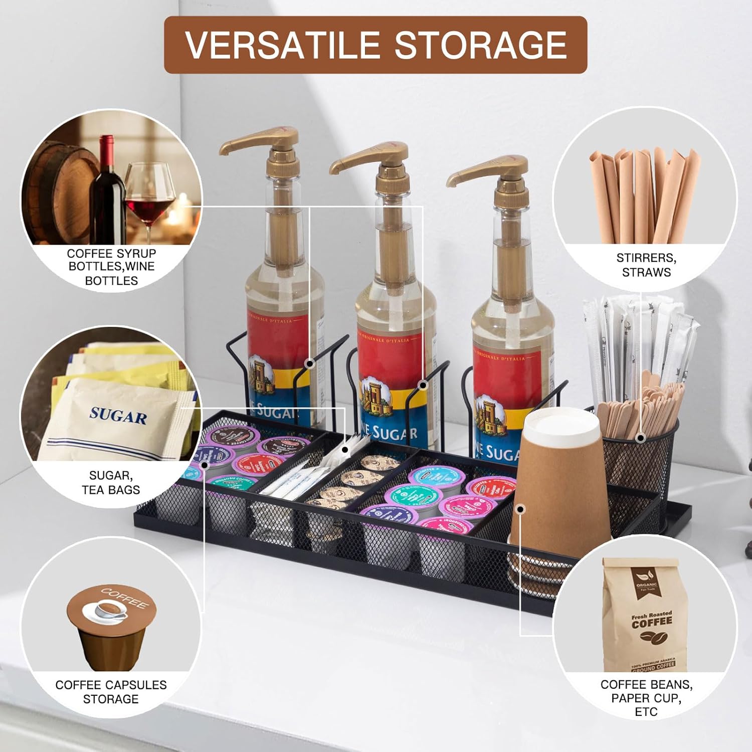 Coffee Bar Organizer, Coffee Station Organizer with Syrup Rack & Mesh Drawer - Holds 3 Bottles, K-Cups, Stirrers for Condiment & Bar Counter Storage