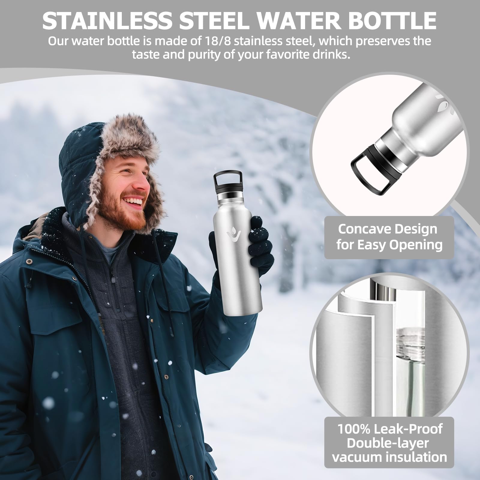 Trinkflasche 750ML, BPA-Frei, Trinkflaschen, Auslaufsichere Isolierflasche Doppelwandig, Wasserflasche, mit Strohhalm, 18/8 Edelstahl, Thermoflasche Kohlensäure Geeignet - Edelstahl