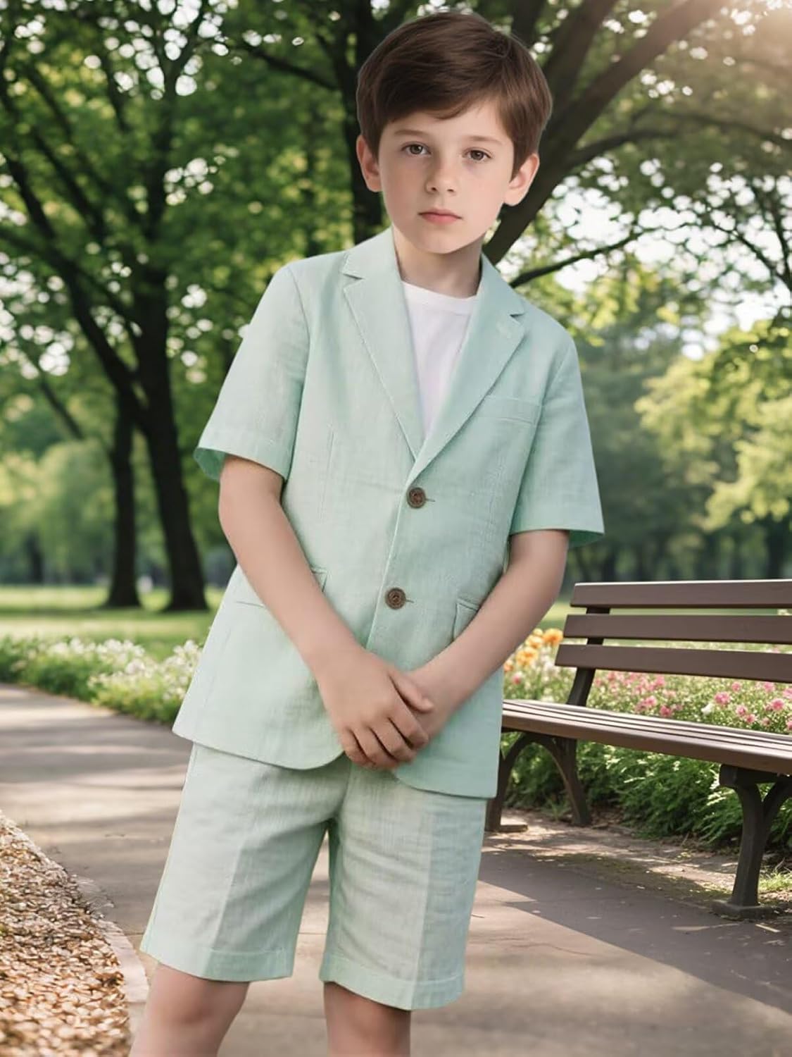 Boys Linen Suits 2 Piece Casual Slim Fit Suit for Kids Boy Summer Wedding Tuxedo Blazer Short Pants Set