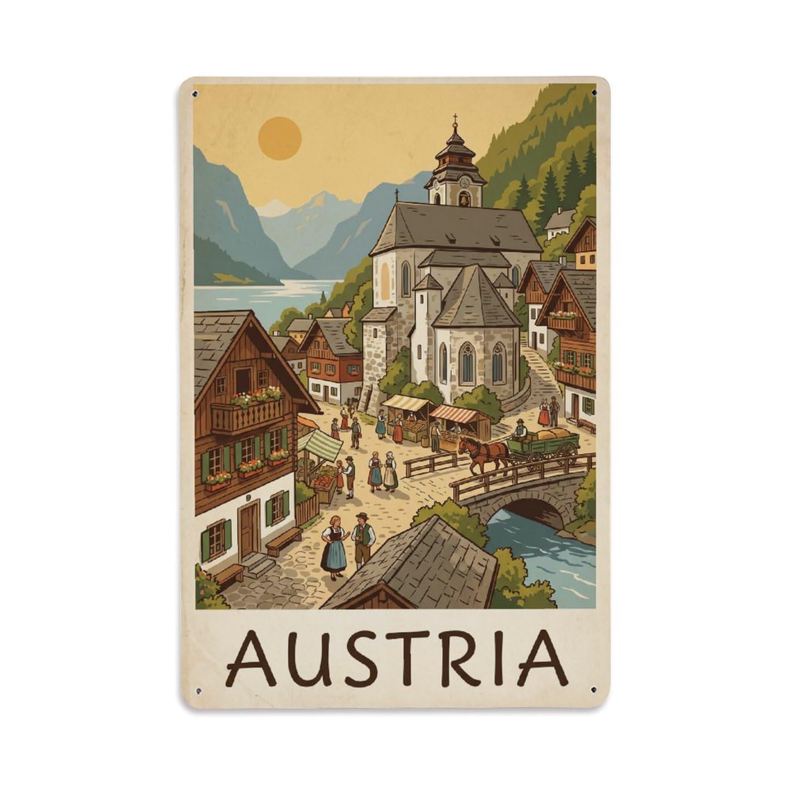 Gead 8X12inch Style Vintage Travel Austria Village Church Metal Tin Sign