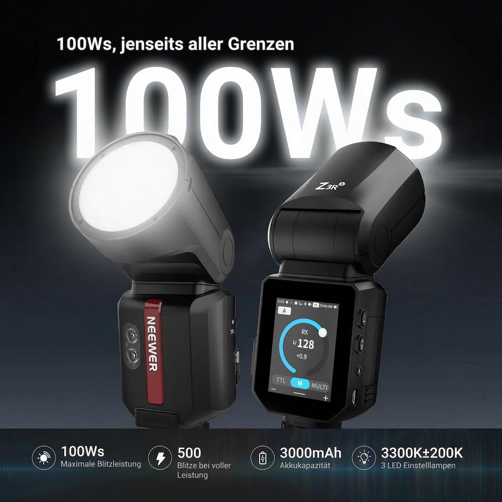 NEEWER 100Ws 2,4G TTL Flash Rundkopf Blitz kompatibel mit Sony Kameras, für ZV1, kompatibel mit Godox, Speedlite Light mit Touchscreen, 1/8000s HSS, 2 Einstelllampen TTL/M Schalter 500 Leistung Z3R-S