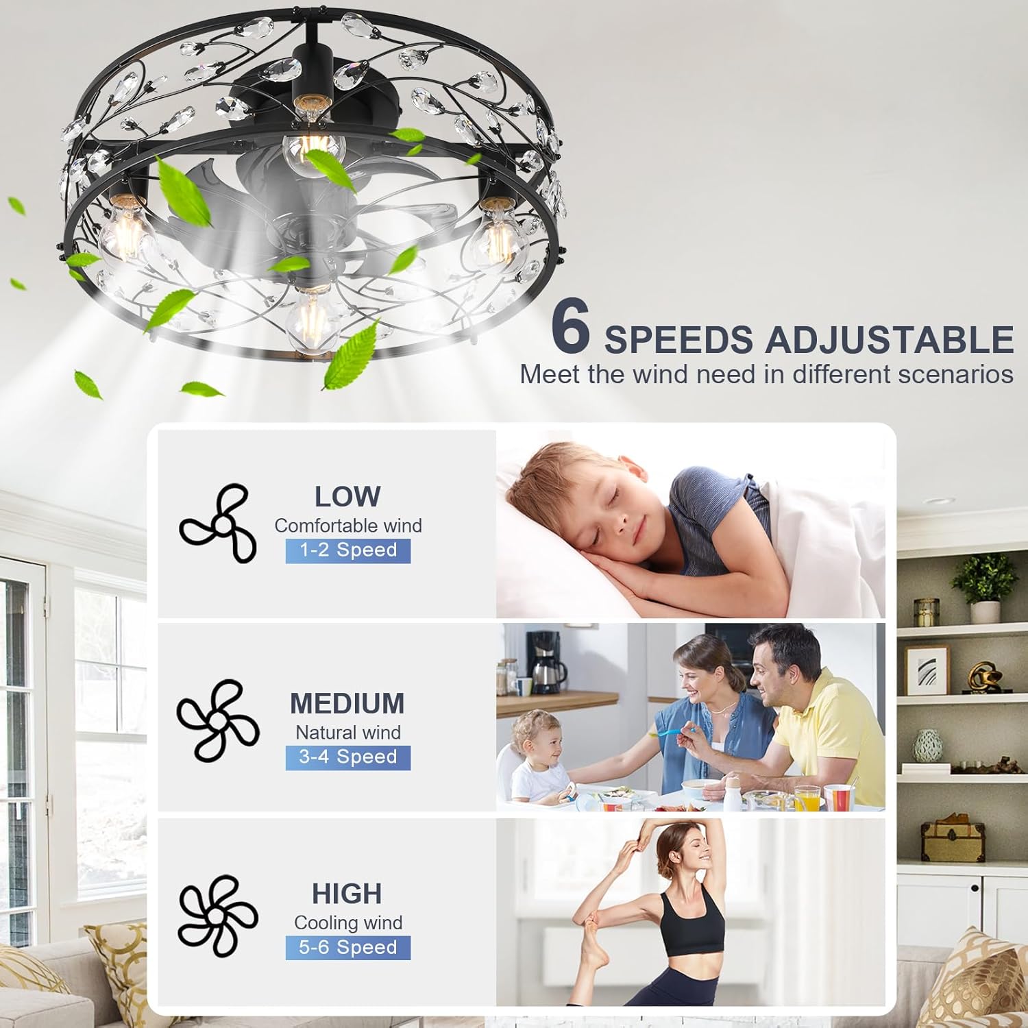 Garwarm 20in Caged Ceiling Fan with Light,Rustic Industrial Ceiling Fans with Lights and Remote,Bladeless Black Fandelier Ceiling Fan,Flush Mount Fan Lights for Kitchen,Bedroom（6 Speed,Timing）