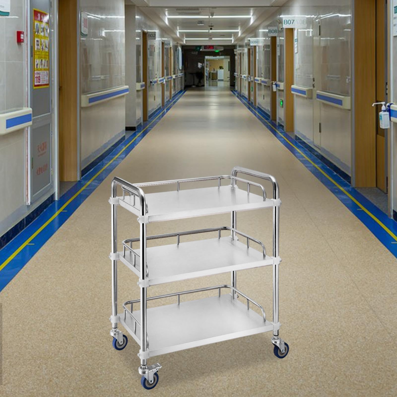 3 Stufiger Edelstahl Labor Servierwagen, Küchenwagen, Vielseitiger Rollwagen