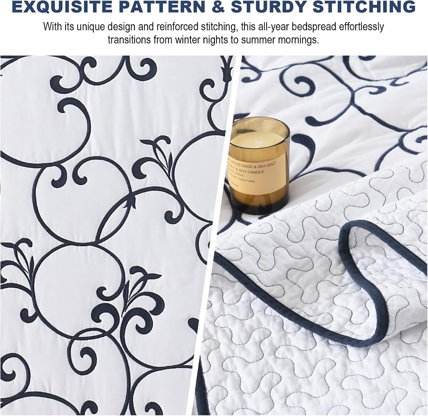Oversized King Bedspread 128"x120" - 100% Cotton California King Quilt, Embroidered Bedspread Coverlet with Pillow Shams, Lightweight Quilted Bedding Set 3 Piece, Navy Blue/White
