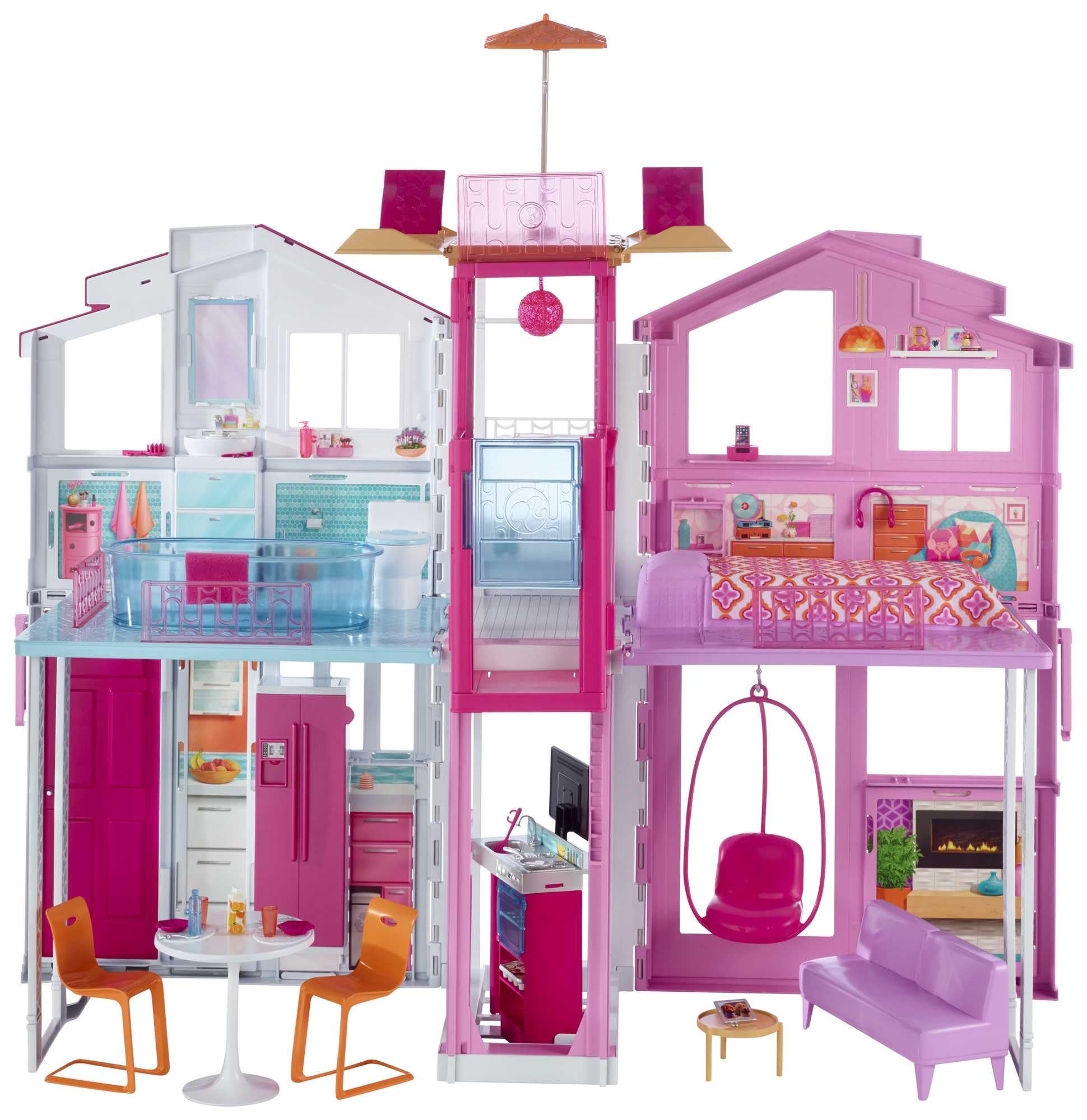 Barbie Supercasa, casa de muñecas con Accesorios, con Cuatro Habitaciones, terraza en la azotea, Detalles realistas, Piscina y Muebles, DLY32