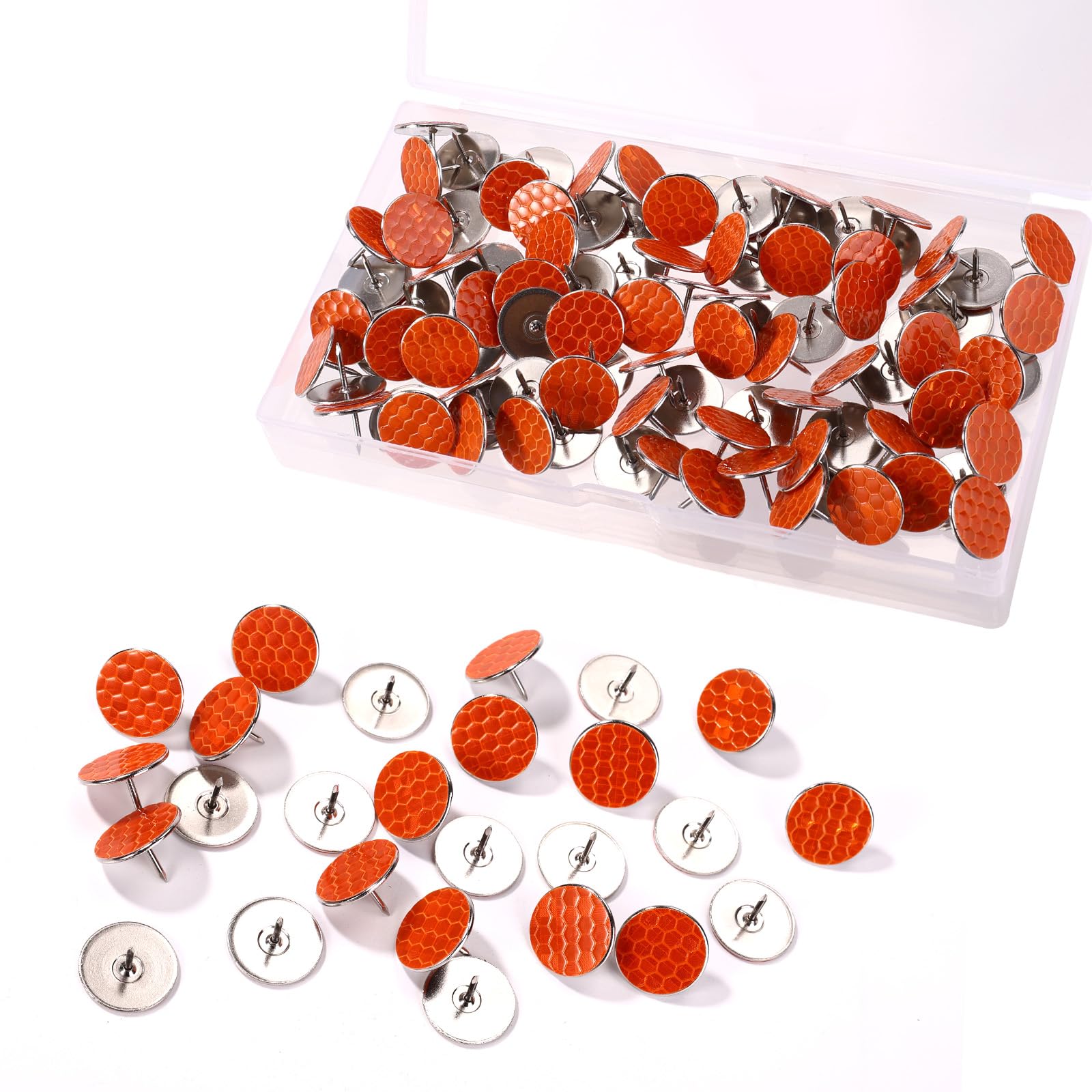 100pcs Reflective Tacks for Trail Marking, Diameter 20mm/0.79in Glow in Dark Nail Thumb Tacks for Hunting Hiking Camping Tree Stands High Visibility Road Marking Pins (Orange)