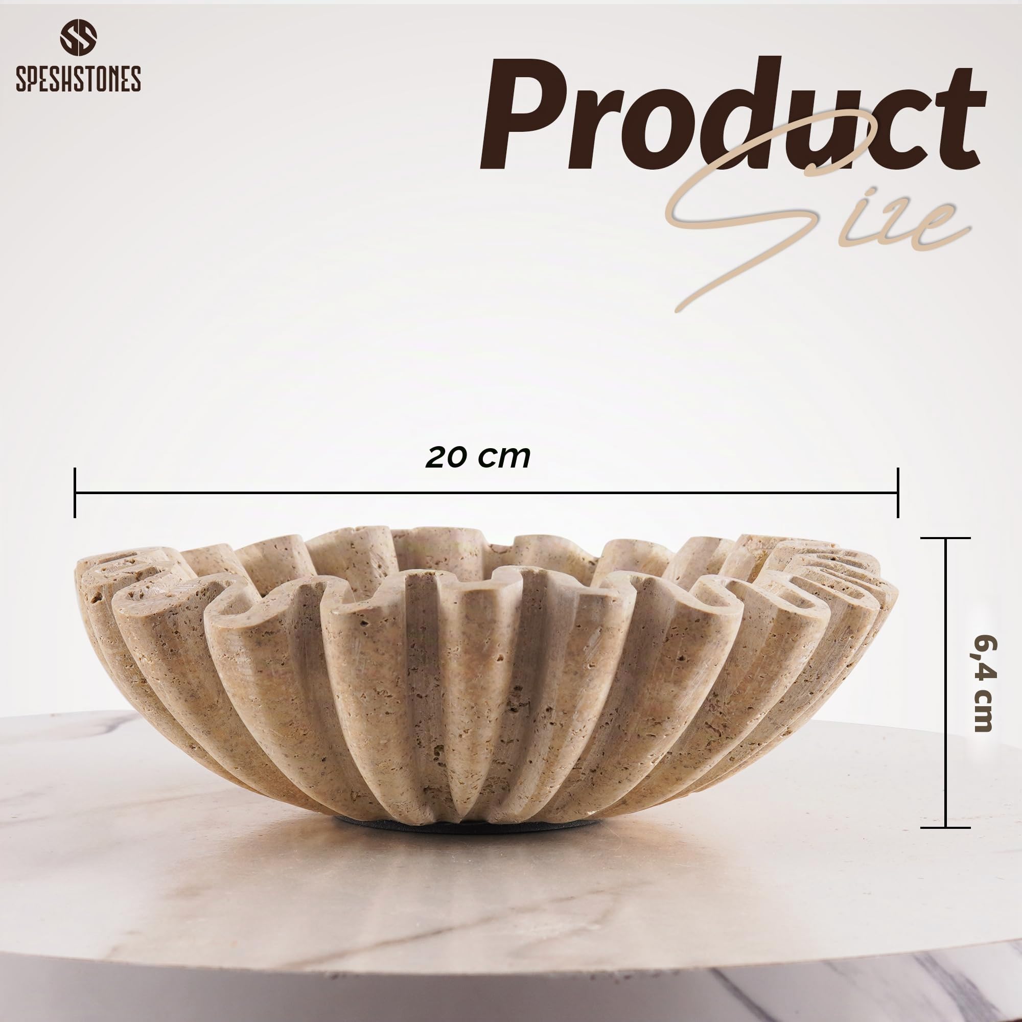 SPESHSTONES Ciotola in travertino con volant da 20,3 cm, grande, decorativa, per bancone della cucina e tavolo da pranzo, centrotavola, in pietra, beige, scanalate e smerlate, per tavolini da caffè e