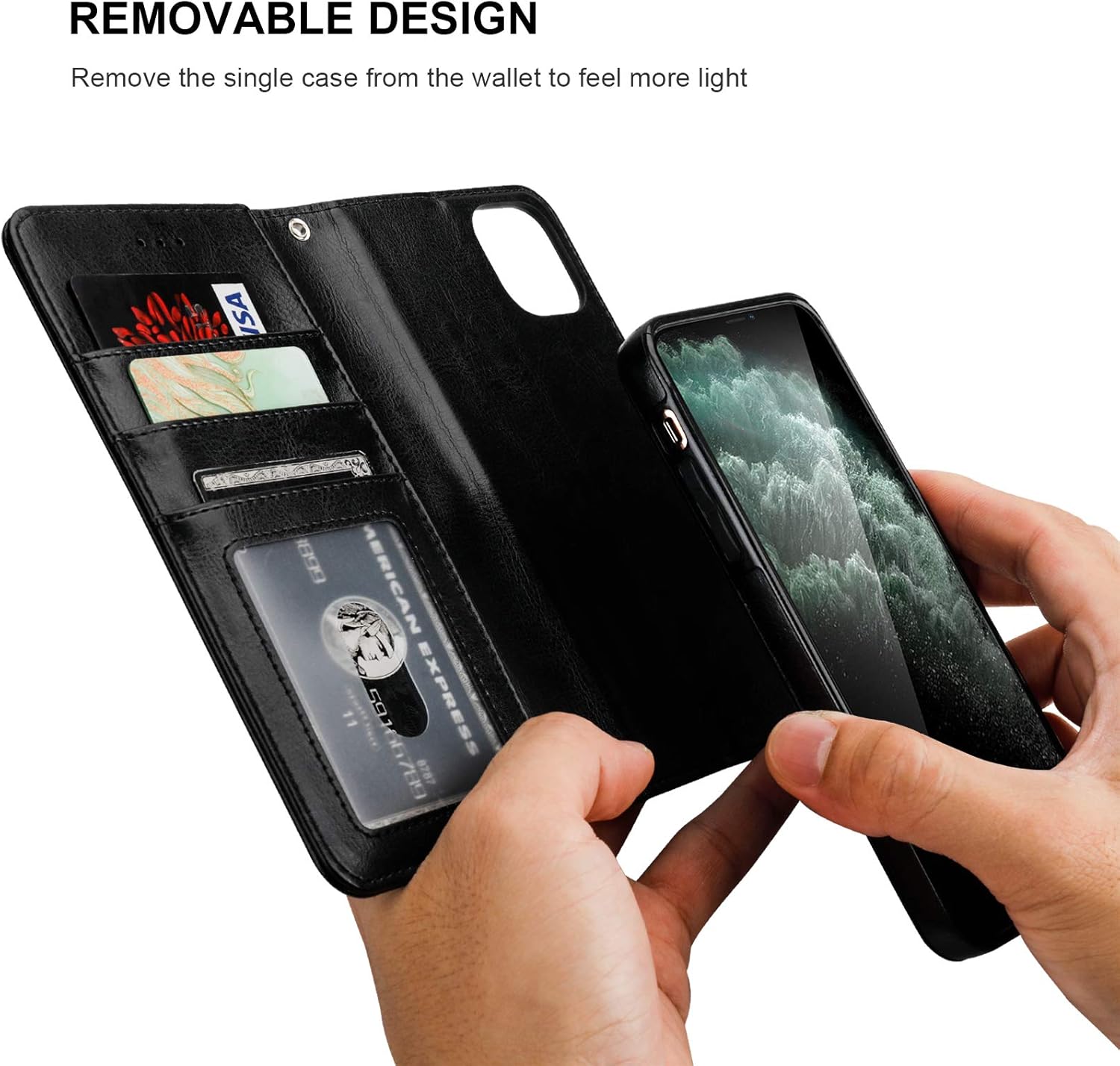 Bocasal for iPhone 11 Pro Max Wallet Case with Card Holder PU Leather Magnetic Detachable Kickstand Shockproof Wrist Strap Removable Flip Cover for iPhone 11 Pro Max 6.5 inch (Black)