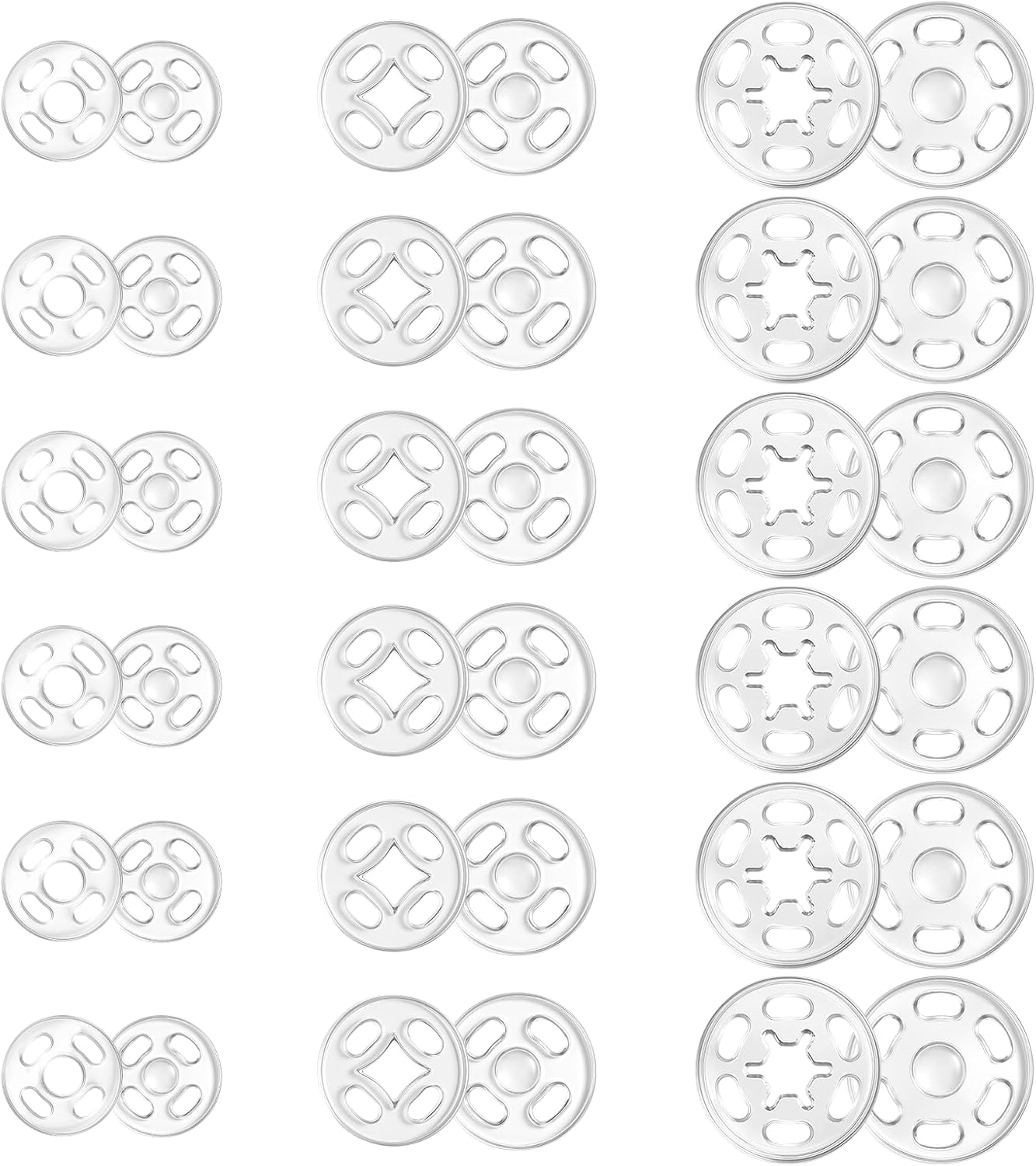 Plastic Snaps for Fabric, 100 Pcs 3 Sizes Round Clear Snaps for Sewing Invisible Sew on Snap Buttons Fasteners for Sewing DIY Crafts Clothing Shirts Pants (7.5mm, 10mm, 15mm)