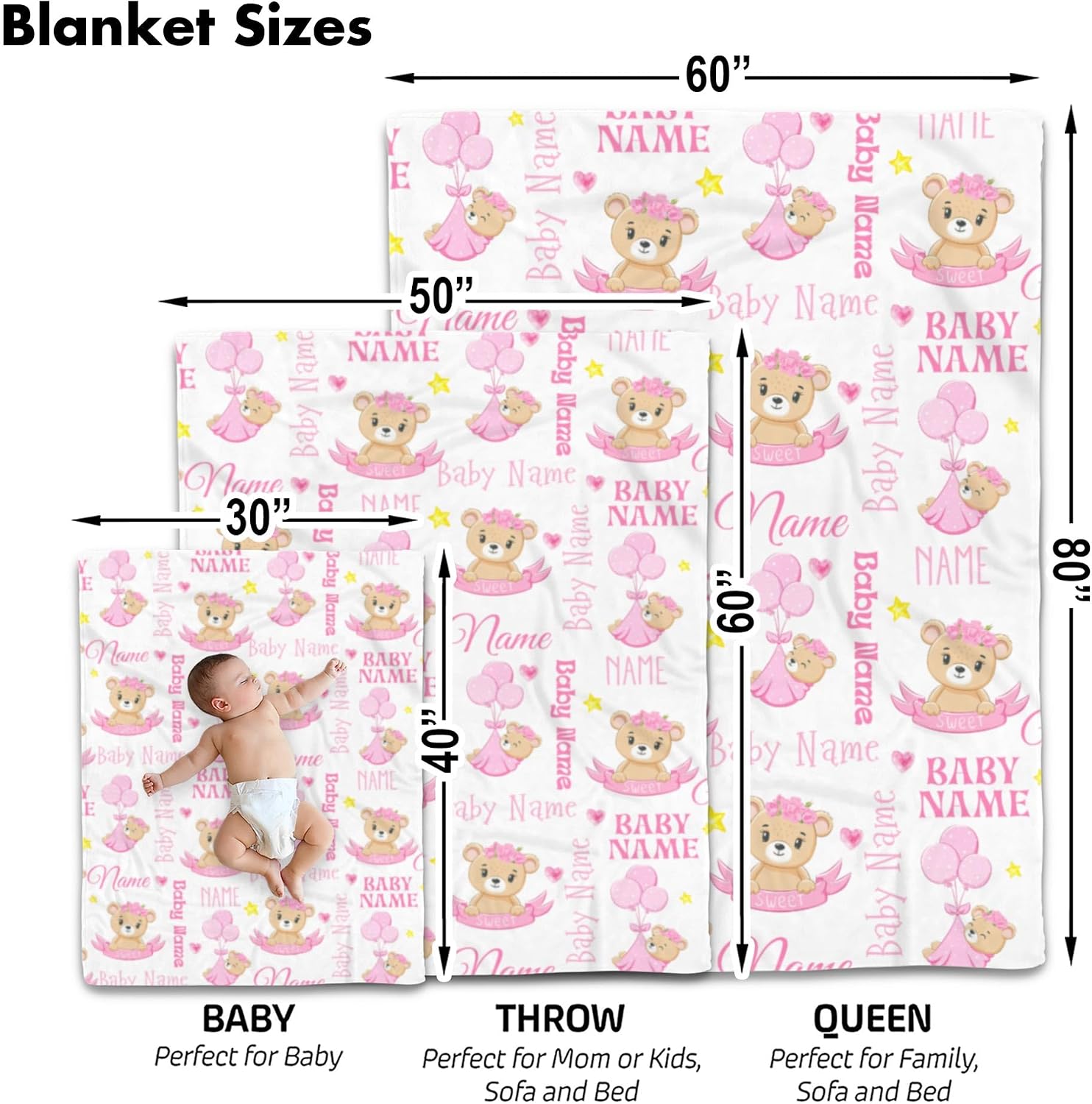 Personalized Pink Bear Baby Blanket, Custom Name Angel Wings Soft Wrap, Starry Plush Swaddle, Newborn Girl Gift, Sweet Dreams Nursery Decor