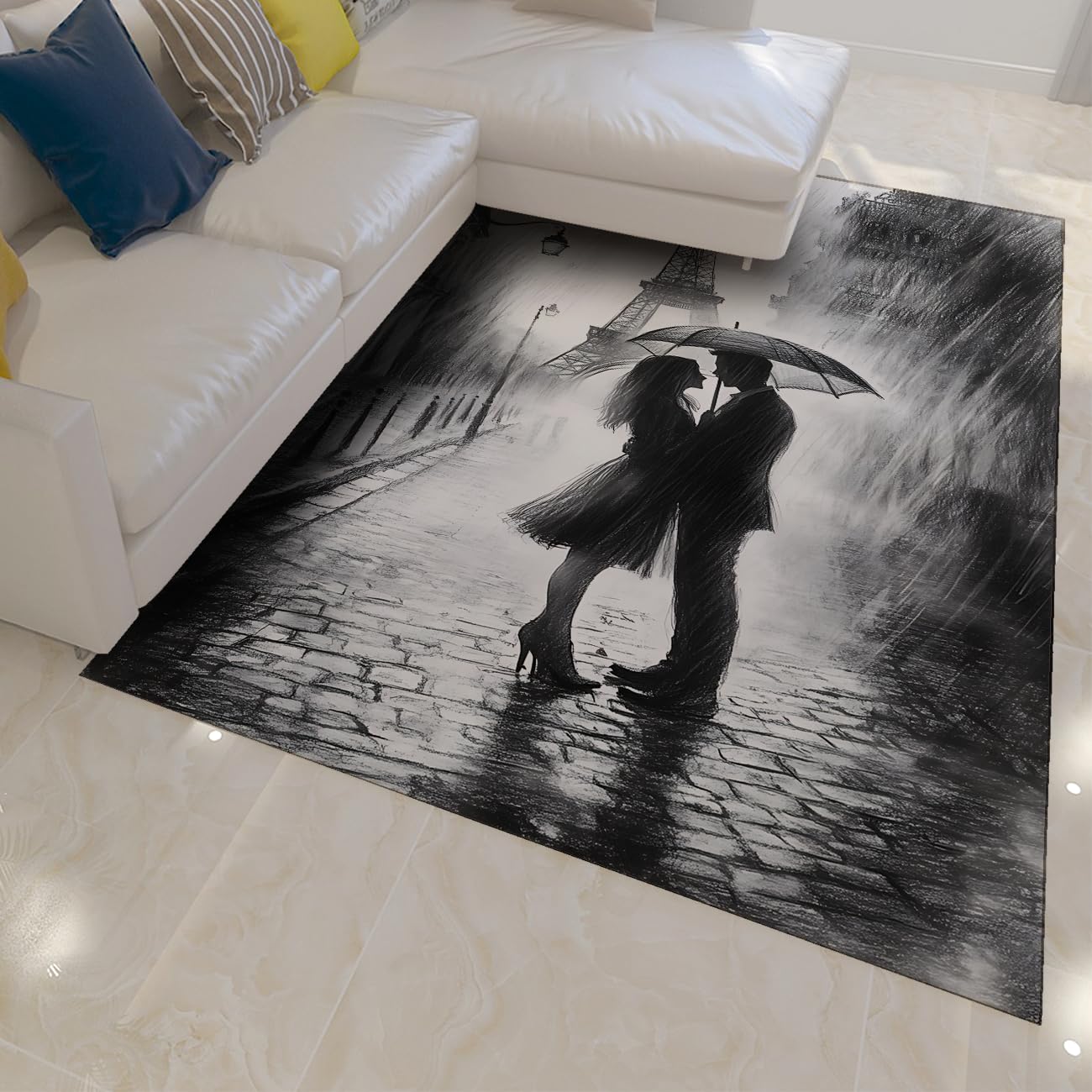 Tapis antidérapant lavable résistant aux taches motif Tour Eiffel 180x240cm