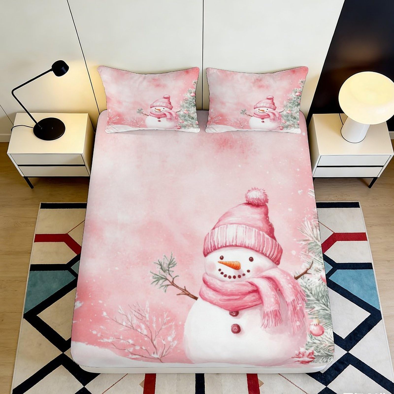 3D Printed Pink Snowman Fitted Sheet Microfiber Soft Winter Hat Bed Cover for Bedroom Guestroom Dorm Mattress Decor 90x200x25cm