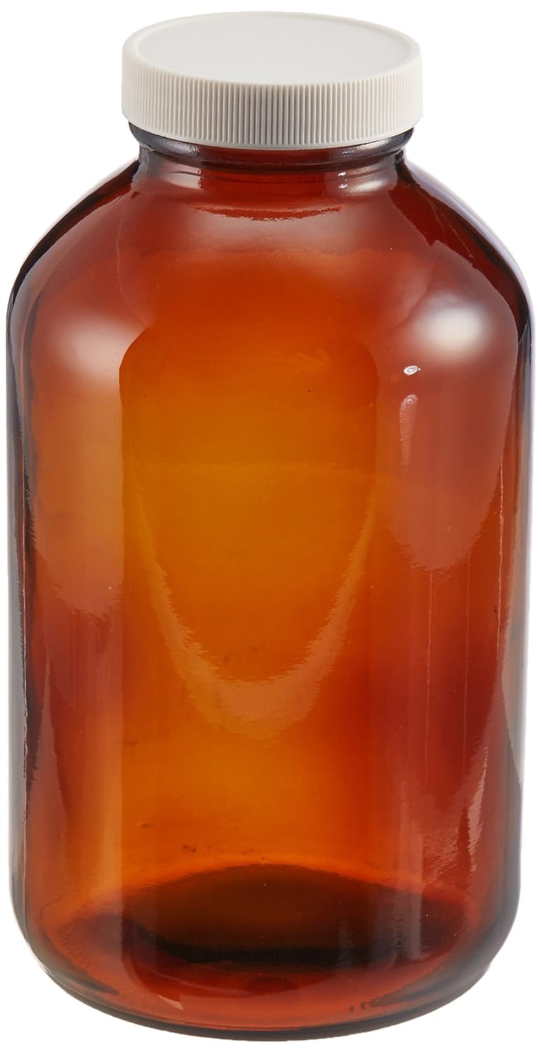 JG Finneran D0180-32 Amber Borosilicate Glass Standard Wide Mouth Packer with White Polypropylene Closure, F217 Lined, 53-400mm Cap Size, 32oz Capacity (Pack of 12)