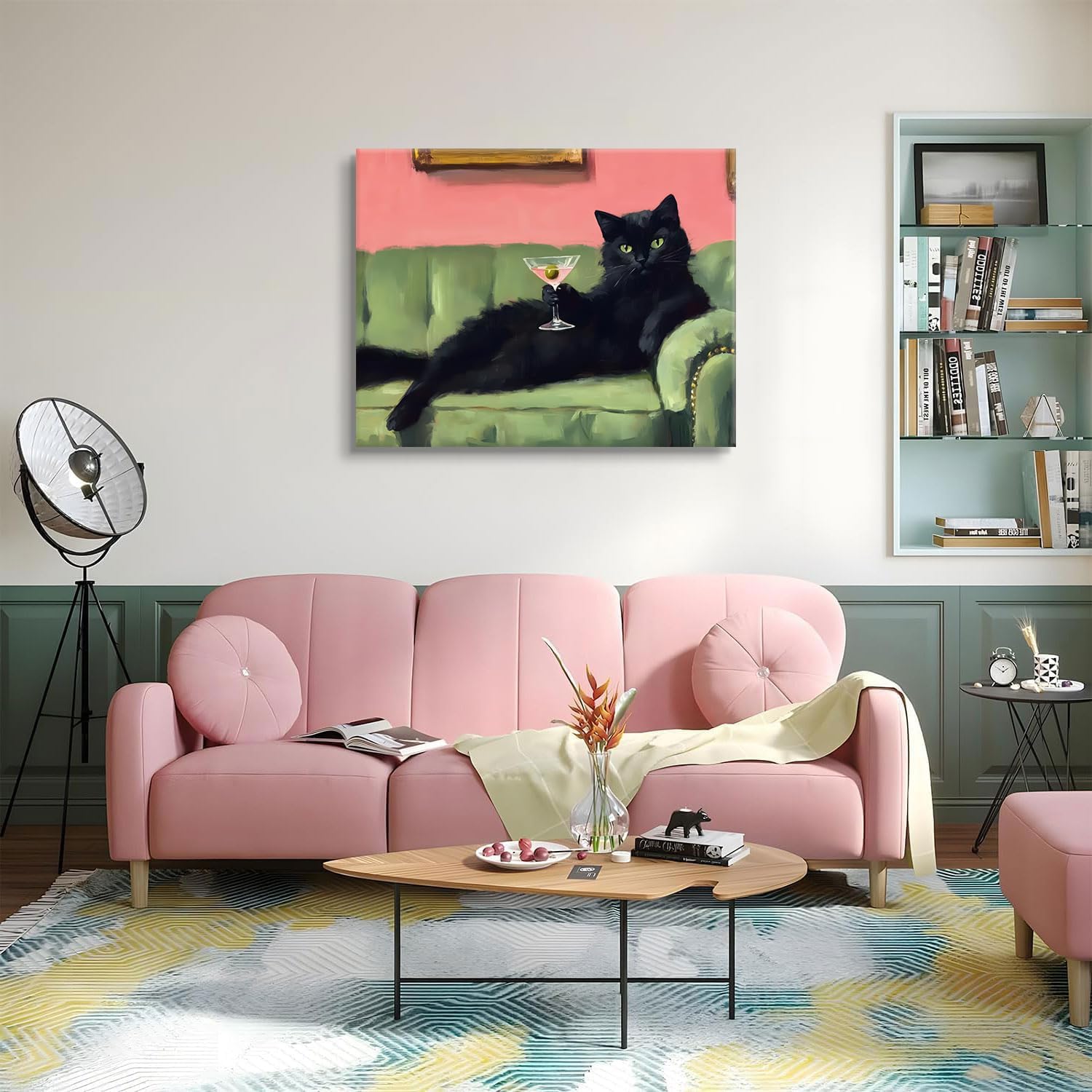 Funny Black Cat Wall Art Cute Cat With Martini Wall Art Vintage Relaxed Black Cat Lying In Couch Cocktail In Hand Poster Prints Pet Bar Cart Painting pictures for Bedroom Wall Decor 24x36in Canvas
