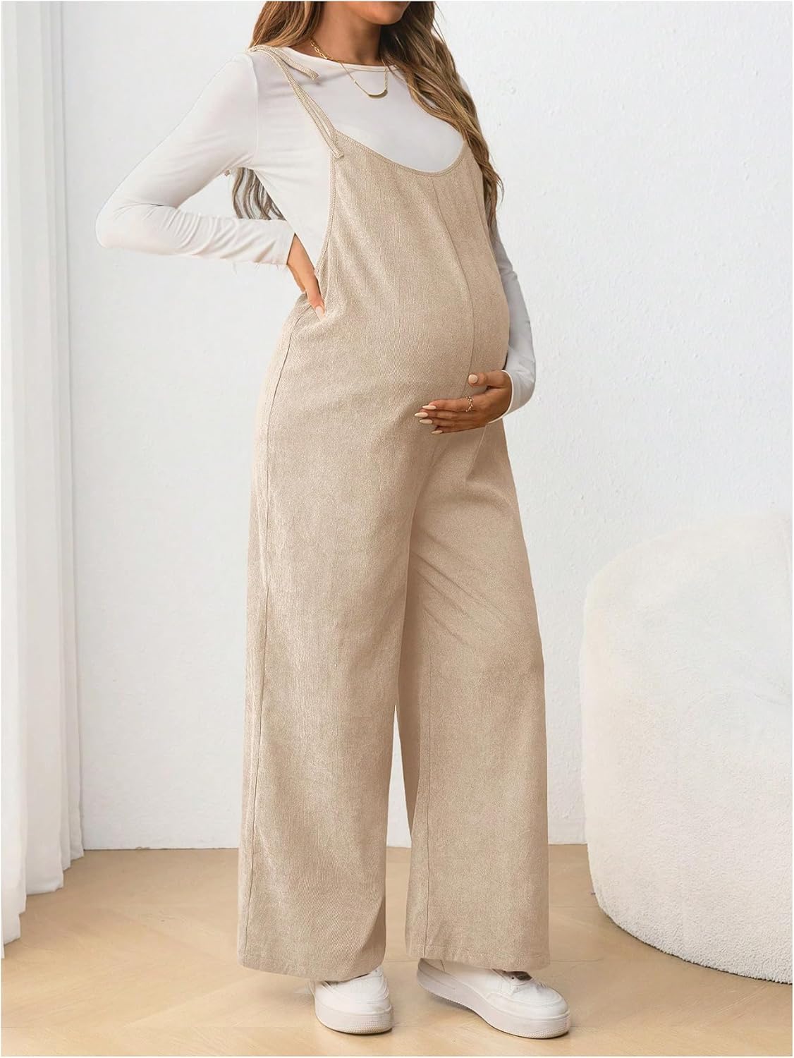 OYOANGLE Women's Maternity Wide Leg Overalls U Neck Spaghetti Strap Pregnancy Jumpsuits - Image 3