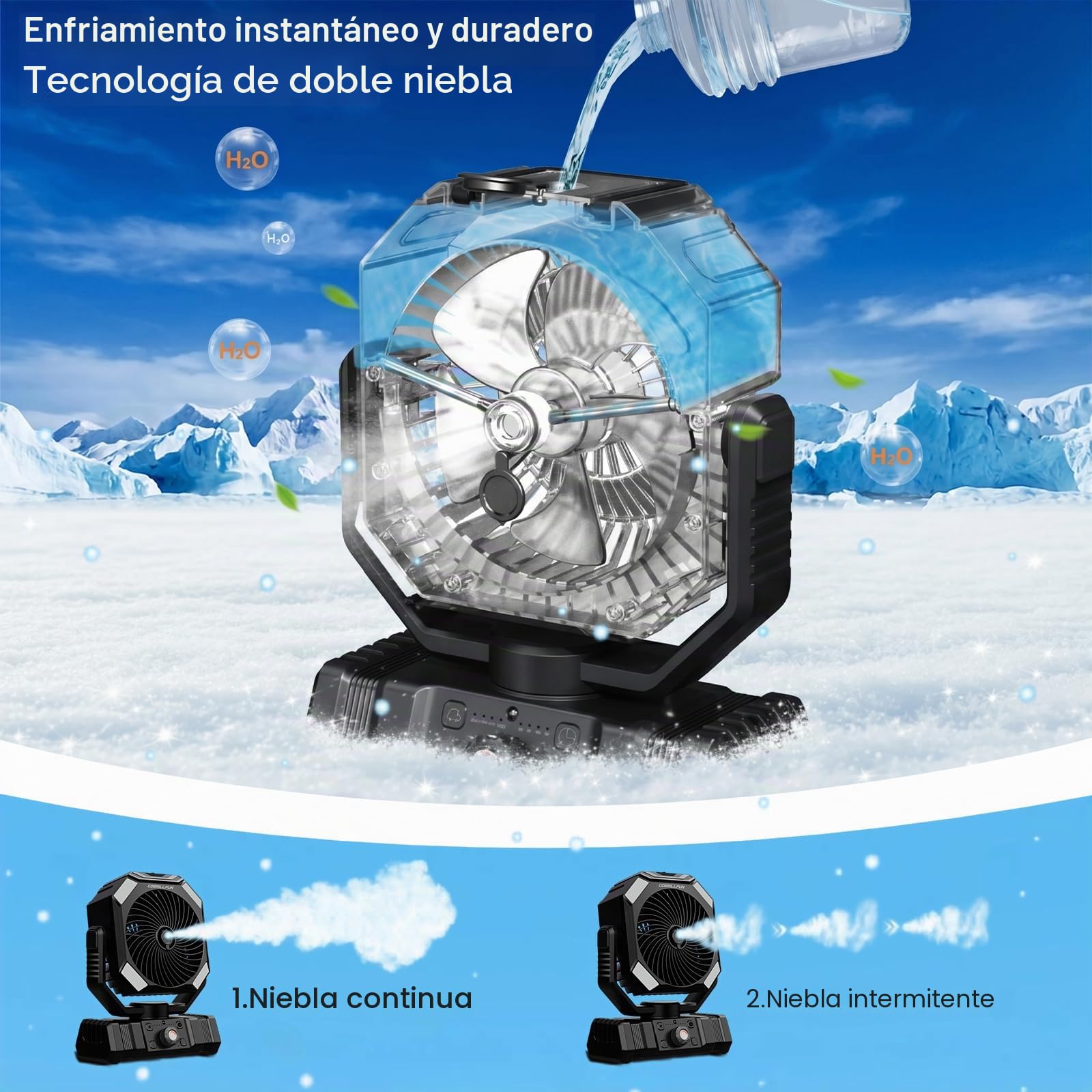 Ventilador a Batería con Nebulizador, Ventilador Portátil Recargable 10000mAh, Ventilador Oscilante con Depósito 300mL, Control Remoto, Luz LED, Temporizador para Camping Terraza Playa Oficina