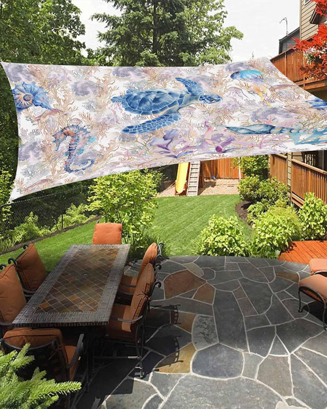 Blue Sea Turtle Sun Sail Shades Rectangle Canopy,Sunlight Block Heavy Duty Curved Backyard Shade Cover,Waterproof Sun Shades for Patios Outdoor,12'x16' Coastal Starfish Conch Jellyfish Sea Horse