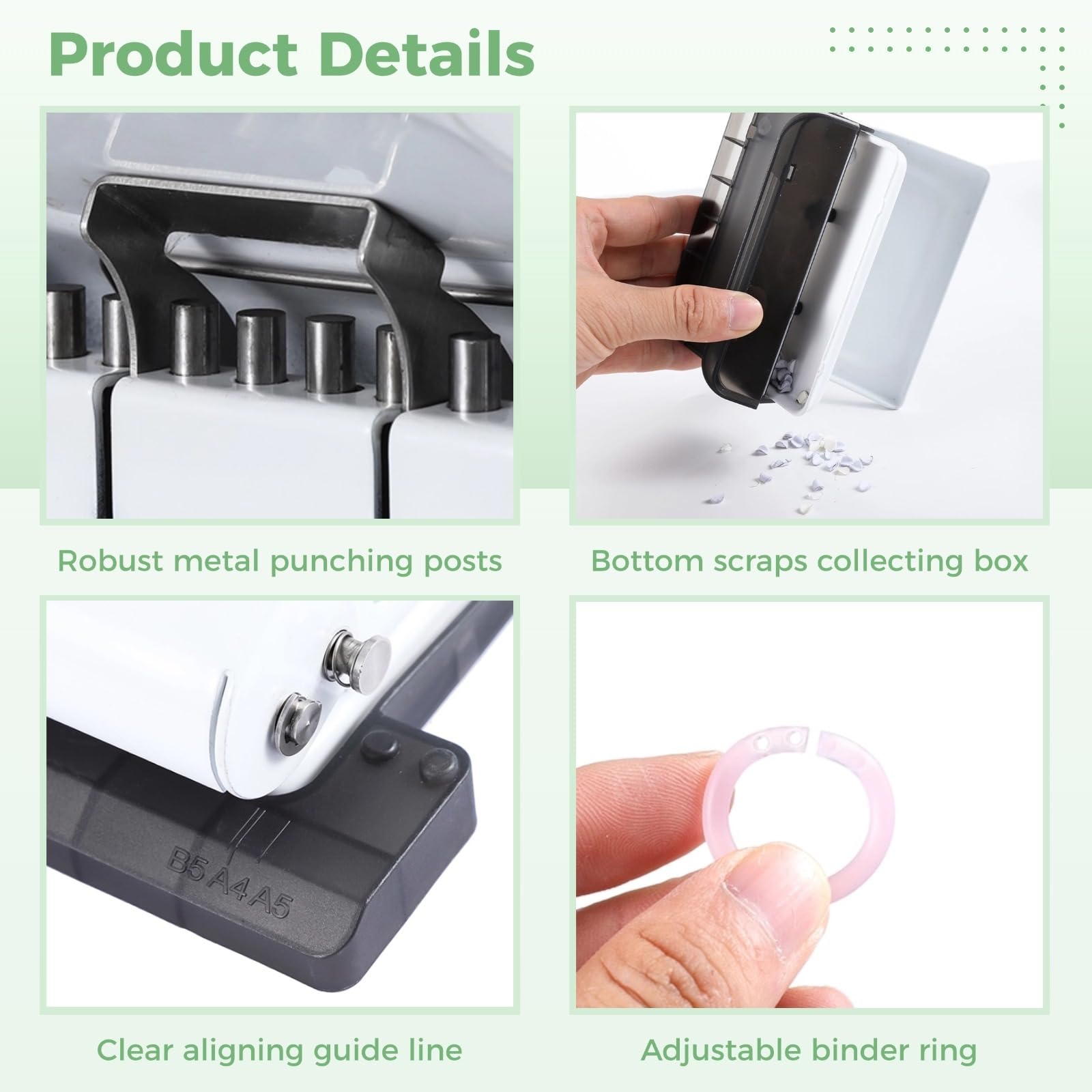 10-Hole Binder Machine Kit, Manual Binding System with 10 Pcs Loose Leaf Binding Spines & 100 Pcs Binder Rings, Binding Machine for Planner, 26 Holes on B5, 30 Holes on A4, 20 Holes on A5 (White) - Image 4