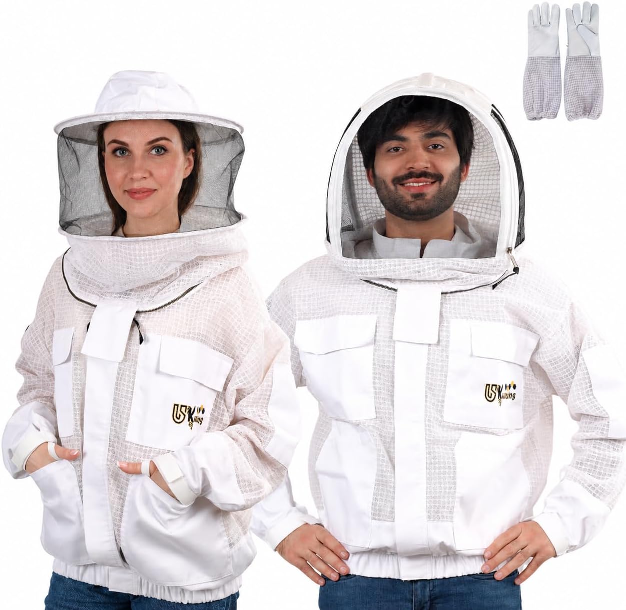 3 Layer Ventilated Sting Proof Bee Jacket for Men & Women, Premium Beekeeping Jacket with Gloves & Two Beekeeper Veils. (White J/4XL)