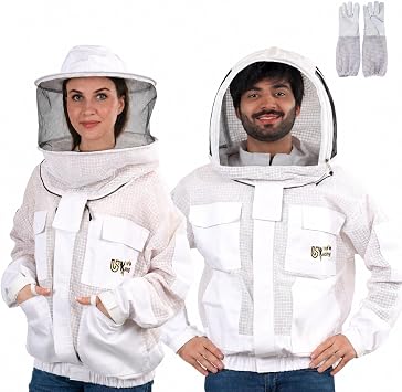 3 Layer Ventilated Bee Jacket for Men & Women, Premium Sting Proof Beekeeping Jacket with Gloves & Two Beekeeper Veils. White J/S