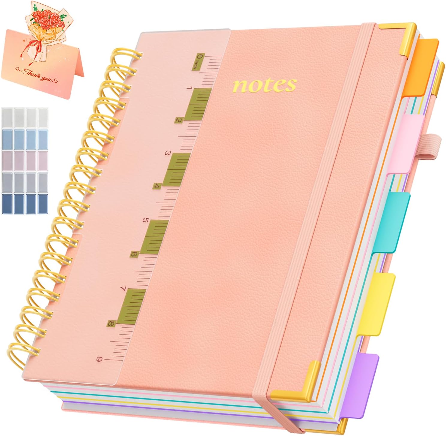 XYark B5 Hardcover Spiral Notebook, 5 Subject Notebook 300 Pages, 8"x10" College Ruled Notebooks with Removable Dividers Tabs & Ruler & Card, Lined Journal for Women Men School Work Office, Light Pink
