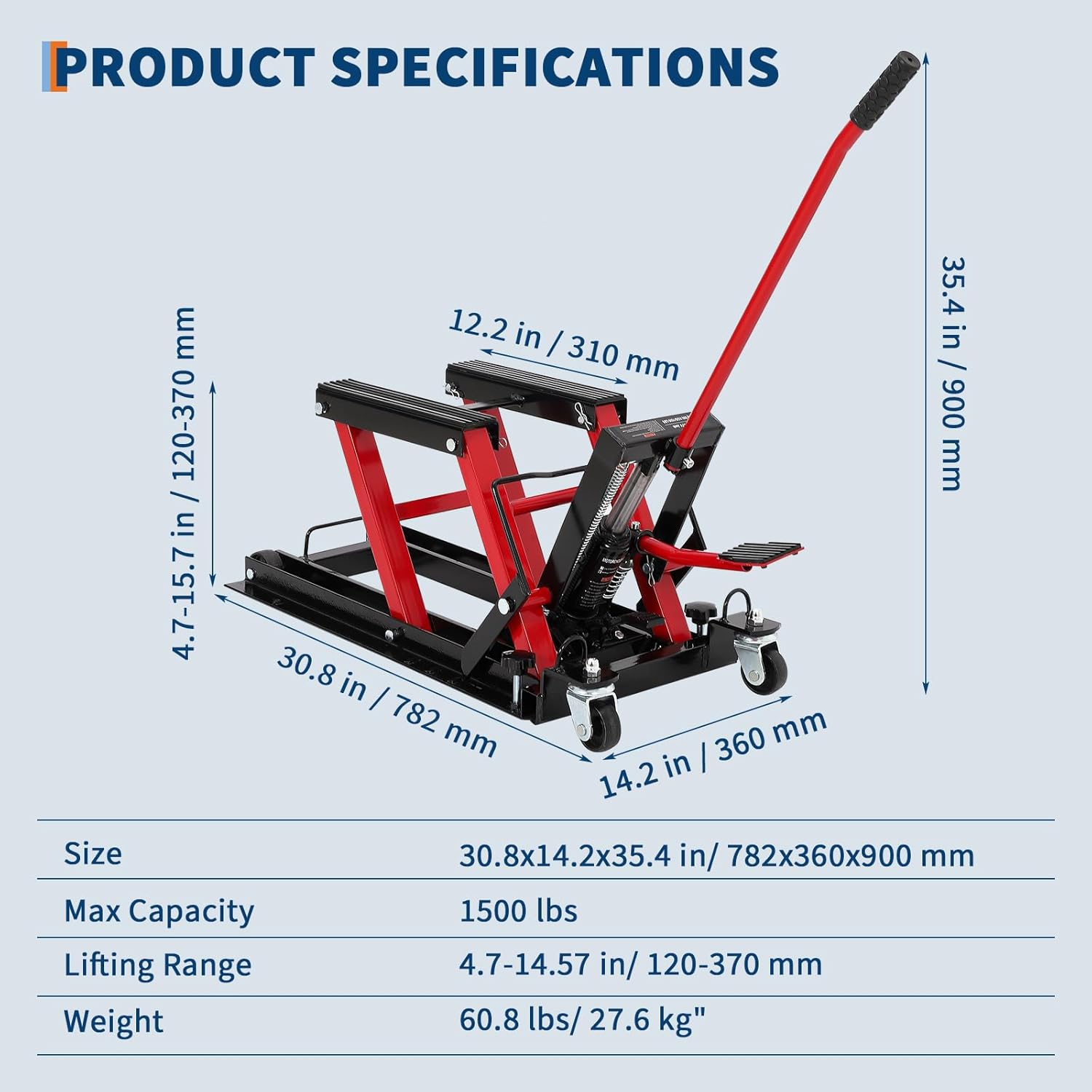 GAOMON 1500 LBS Hydraulic Motorcycle Lift Jack, ATV Scissor Lift Jack with Non-Slip Platform, 4.7-14.57" Height Adjustment & Swivel Casters, Portable Motorcycle Lift Table for ATV UTV Dirkbikes, Red