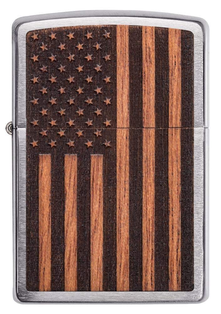 Zippo Briquet tempête – Drapeau américain Woodchuck, Chrome brossé, emblème en Acajou – Rechargeable – Réutilisable – Design Coupe-Vent – Boîte Cadeau – Fabriqué aux États-Unis