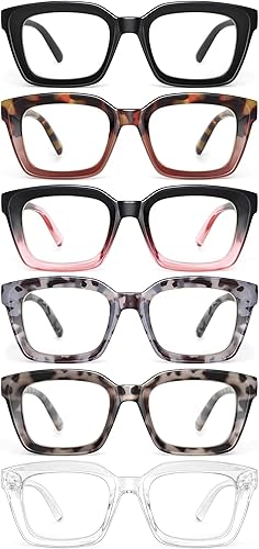 miyya Paquete de 6 lentes de lectura de moda para mujer, bloqueo de luz azulanti UV, cuadrados de gran tamaño con bisagra de resorte (paquete de 6