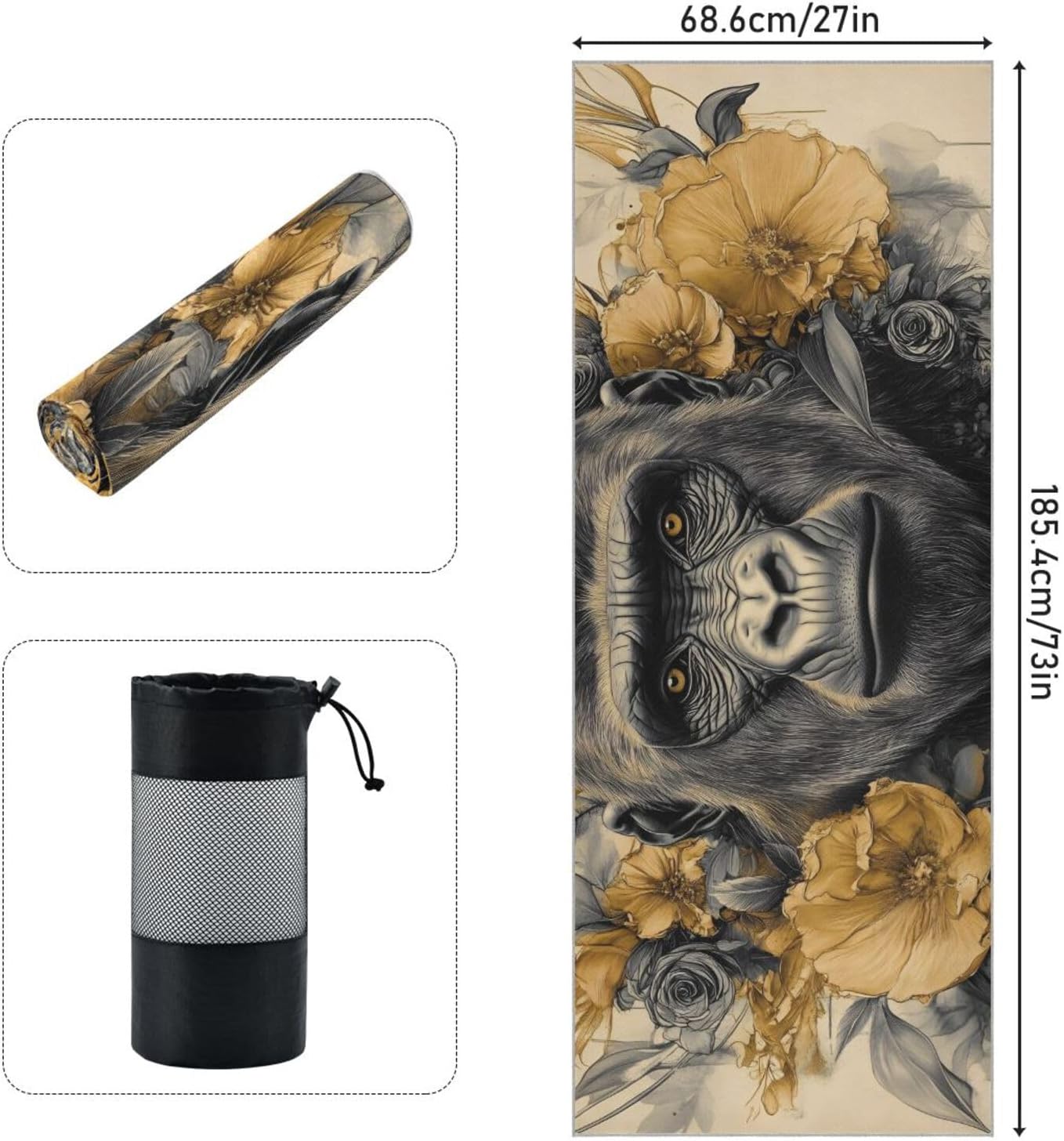 Gorilla Floral Hot Yoga Towel – Stylish, Non-Slip, Grip Dots, Super Absorbent, 27" x 73" - Yoga Mat Towels for Exercise, Fitness