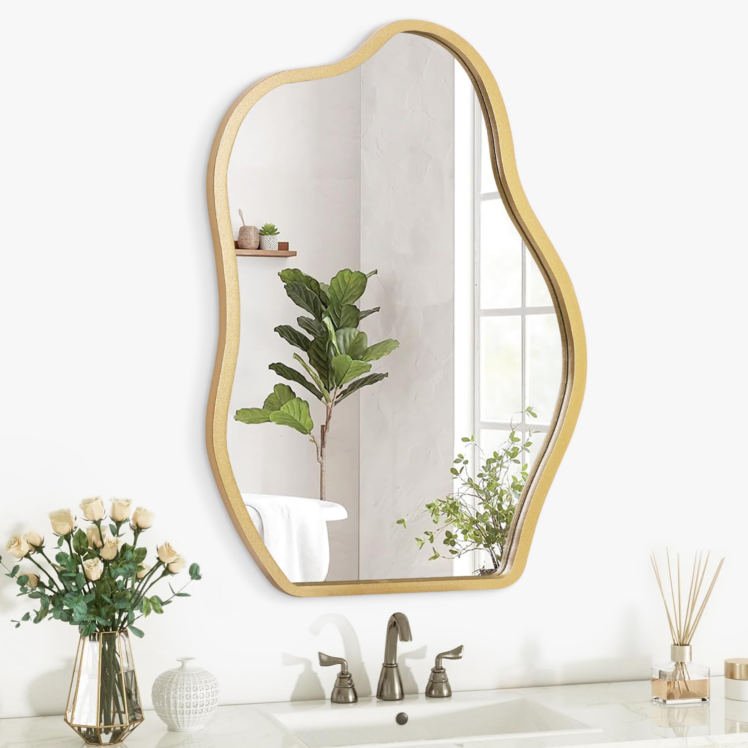 Gold Irregular Mirror for Wall Decor - Modern Asymmetrical Wooden Framed Wavy Mirror - Decorative for Living Room, Bedroom, Bathroom, Entryway - Gray