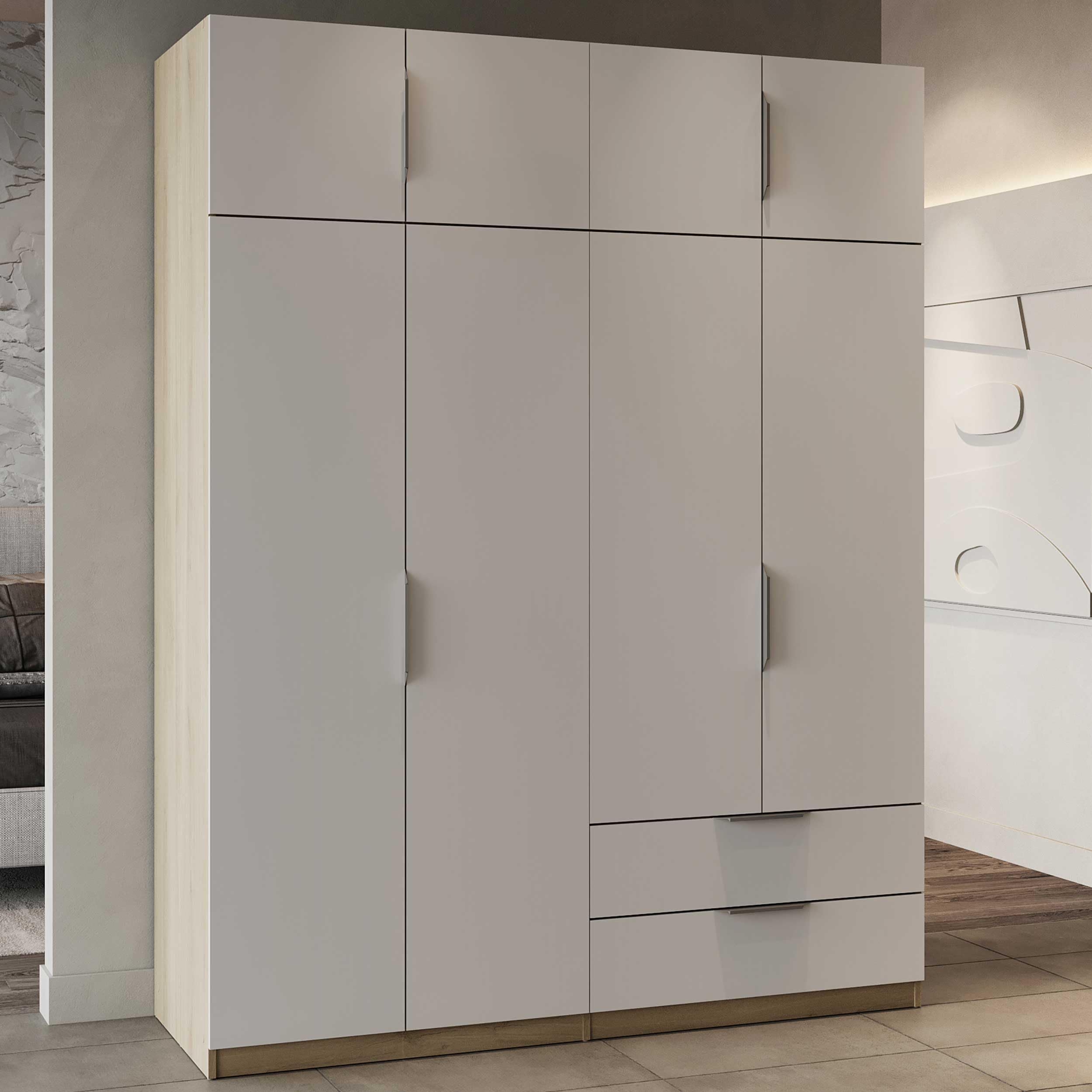 Demeyere 391387 Vestidor con Armario Moderno 8 Puertas 5 estantes 2 cajones, Color Roble Kronberg y Blanco Mate, 157,3 x 51,1 x 203 cm, Madera de ingeniería, Gris